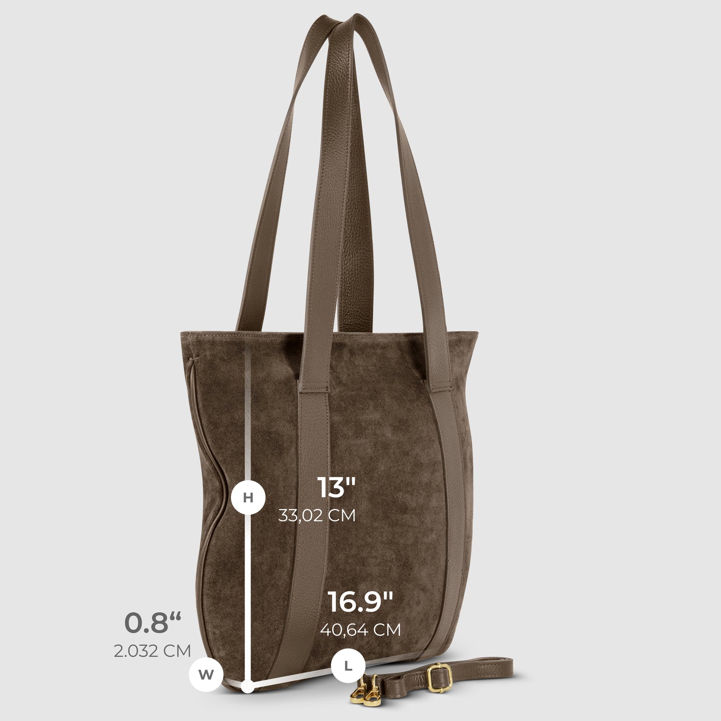 A genuine suede handbag with two long handles and a detachable shoulder strap, displayed upright. This handcrafted tote measures 13" (33.02 cm) in height, 16.9" (40.64 cm) in length, and 0.8" (2.032 cm) in width.