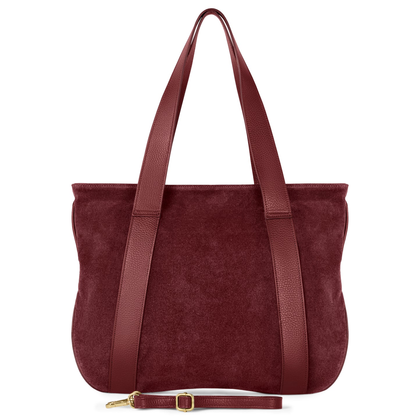 A burgundy suede bag with matching leather handles and trim, an adjustable detachable strap, and gold-tone hardware is shown against a white background.