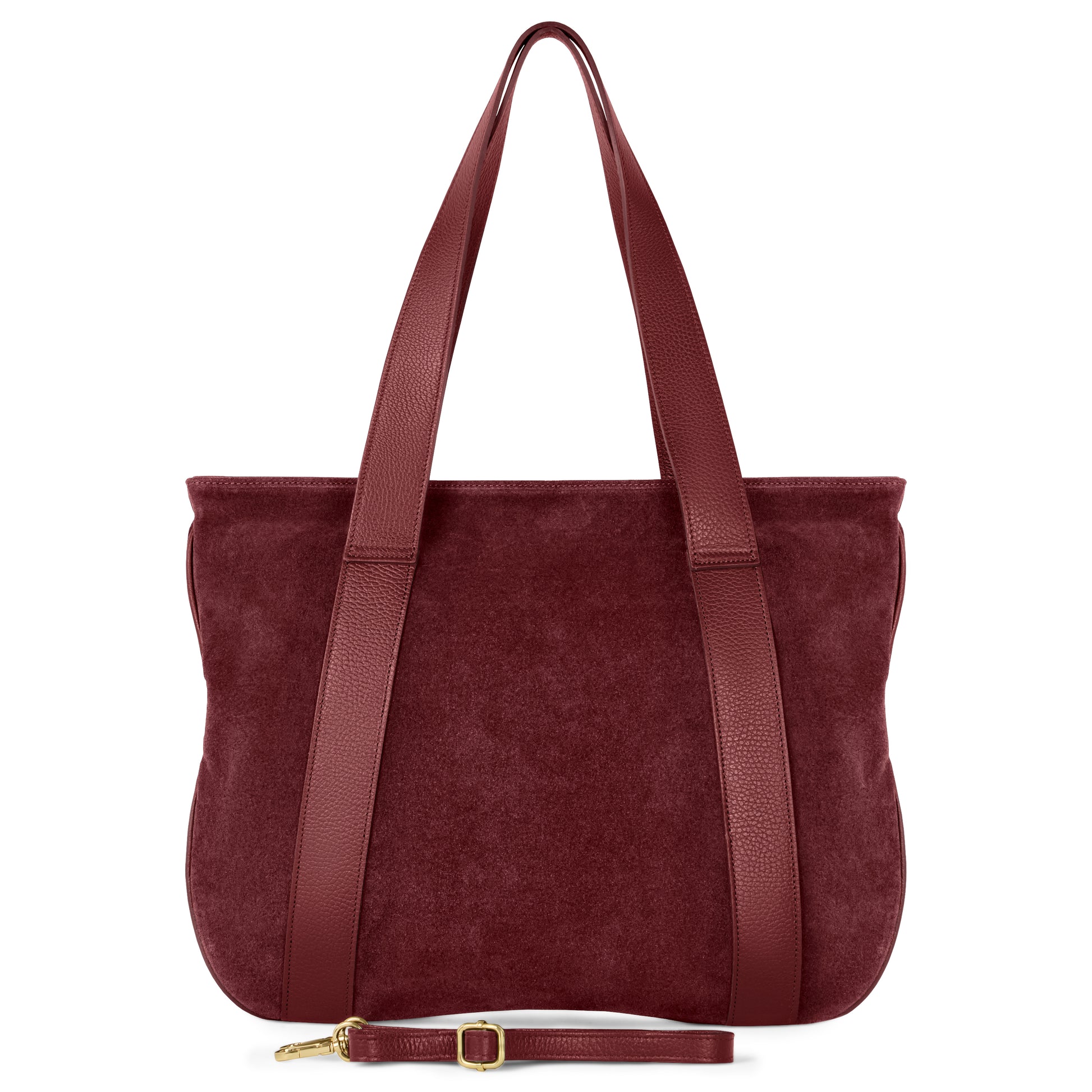 A burgundy suede bag with matching leather handles and trim, an adjustable detachable strap, and gold-tone hardware is shown against a white background.