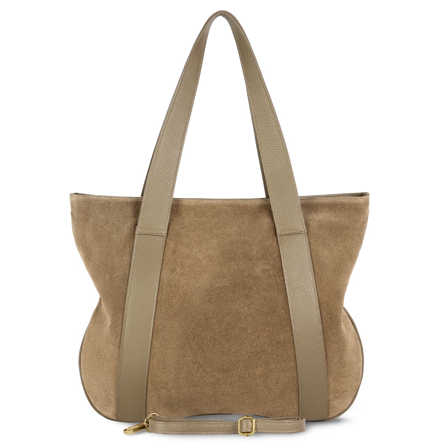 Greige suede bag with matching leather handles and a detachable, adjustable shoulder strap, shown against a white background. This Italian handbag features a soft, slouchy shape with no visible hardware or embellishments.