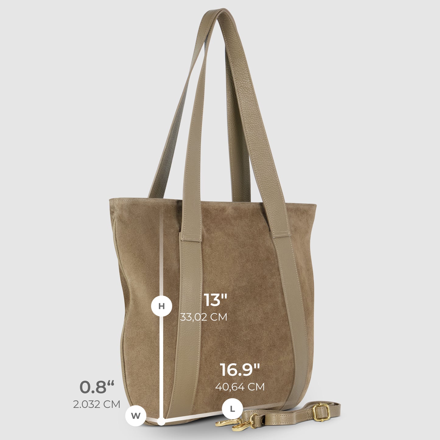 Taupe suede leather handbag with two long handles and a detachable strap, shown upright. Dimensions are labeled: 13 inches high, 16.9 inches long, and 0.8 inches wide—a classic Italian leather bag inspired by Florentine leather traditions.