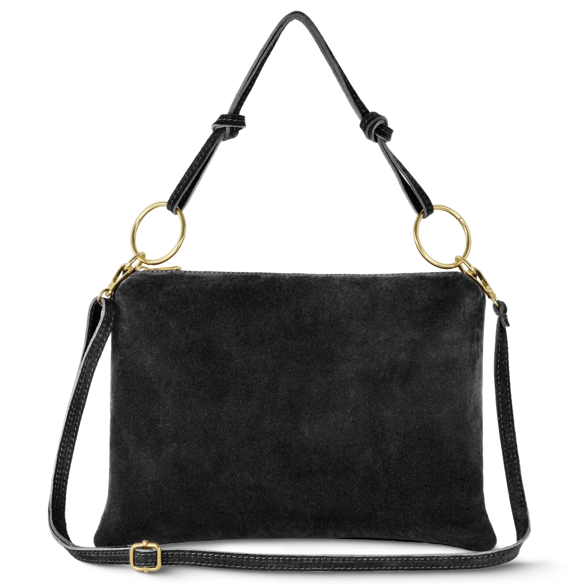 A black suede purse with gold ring accents, an adjustable black shoulder strap, and a simple rectangular shape, displayed on a plain white background.