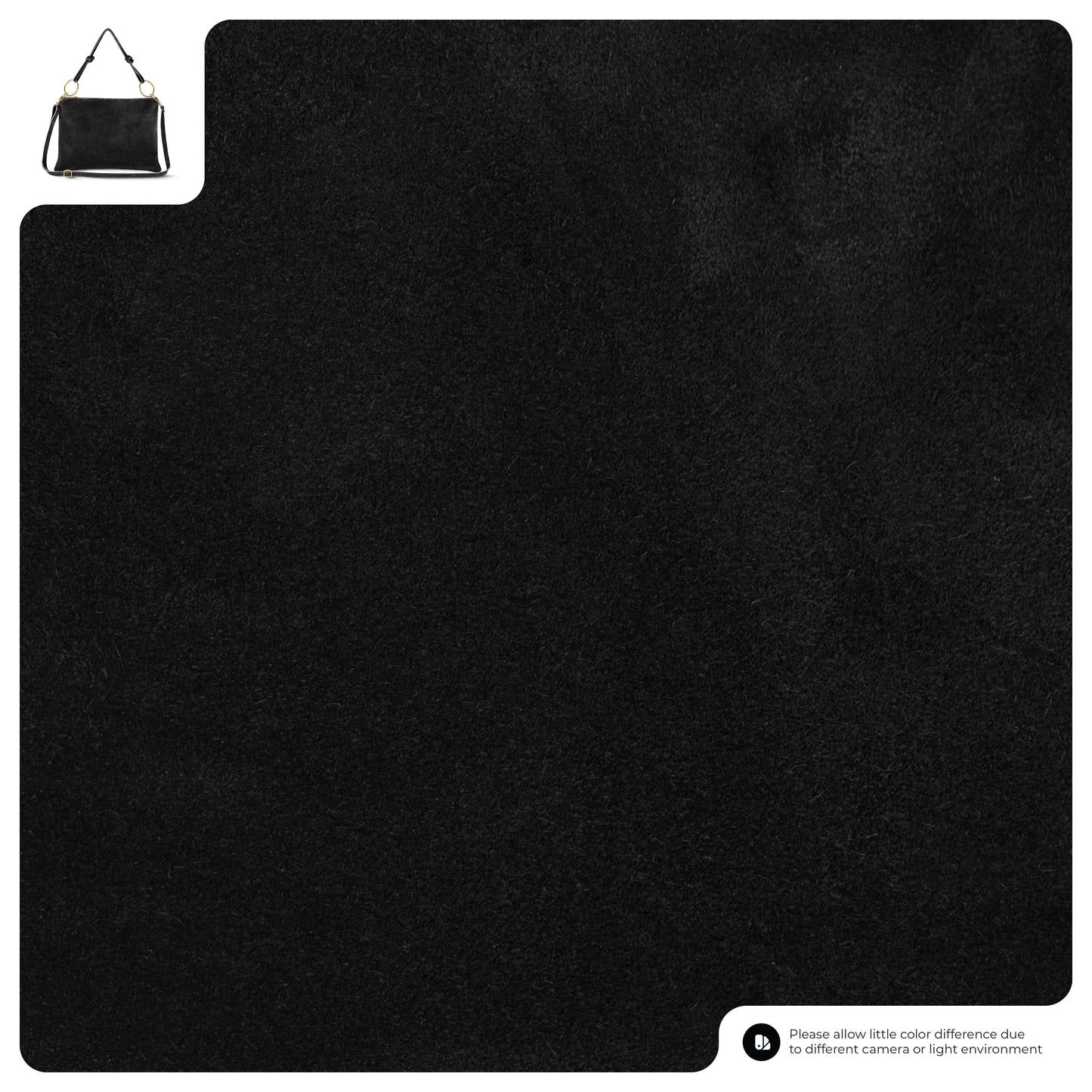 A rectangular swatch of solid black material with a small image of an Italian suede purse in the top left corner; a note in the bottom right warns of possible color differences due to lighting or camera.