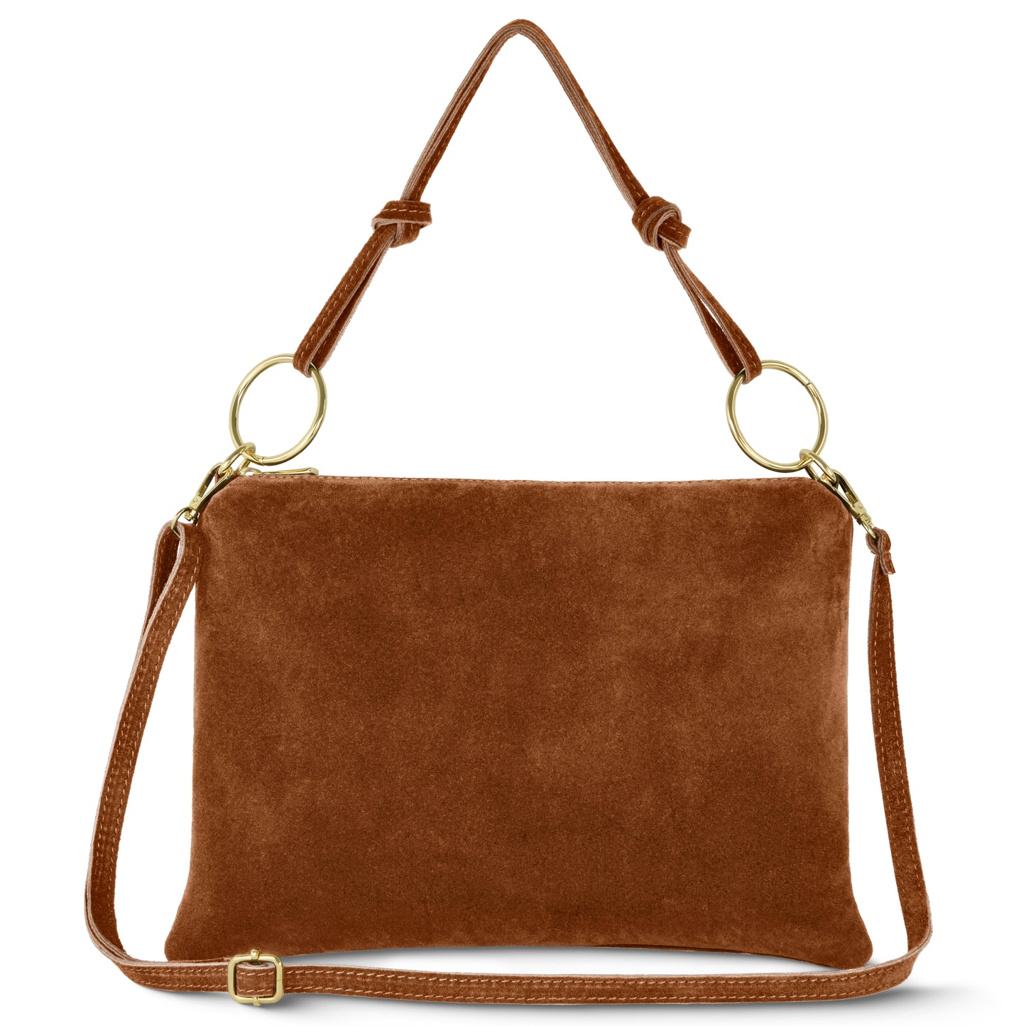 Brown suede purse with gold rings connecting its adjustable shoulder strap. This slim, rectangular medium purse features a smooth texture and minimalist design, shown against a white background.