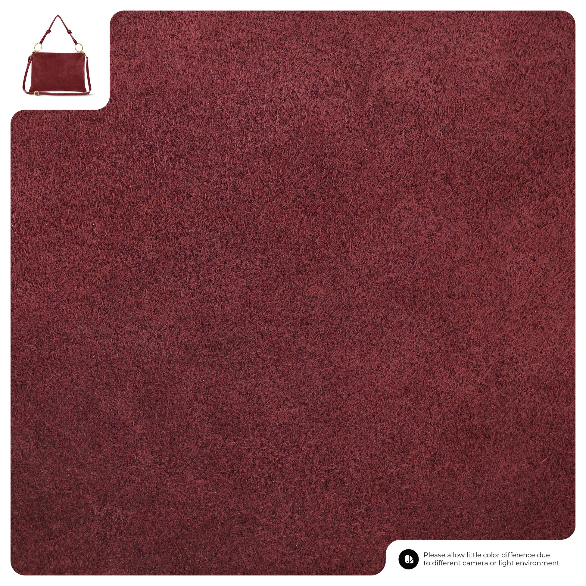 A large square area of deep red or burgundy carpet with a slim medium purse in the top left for color comparison. Text in the bottom right notes possible color differences due to lighting or camera.