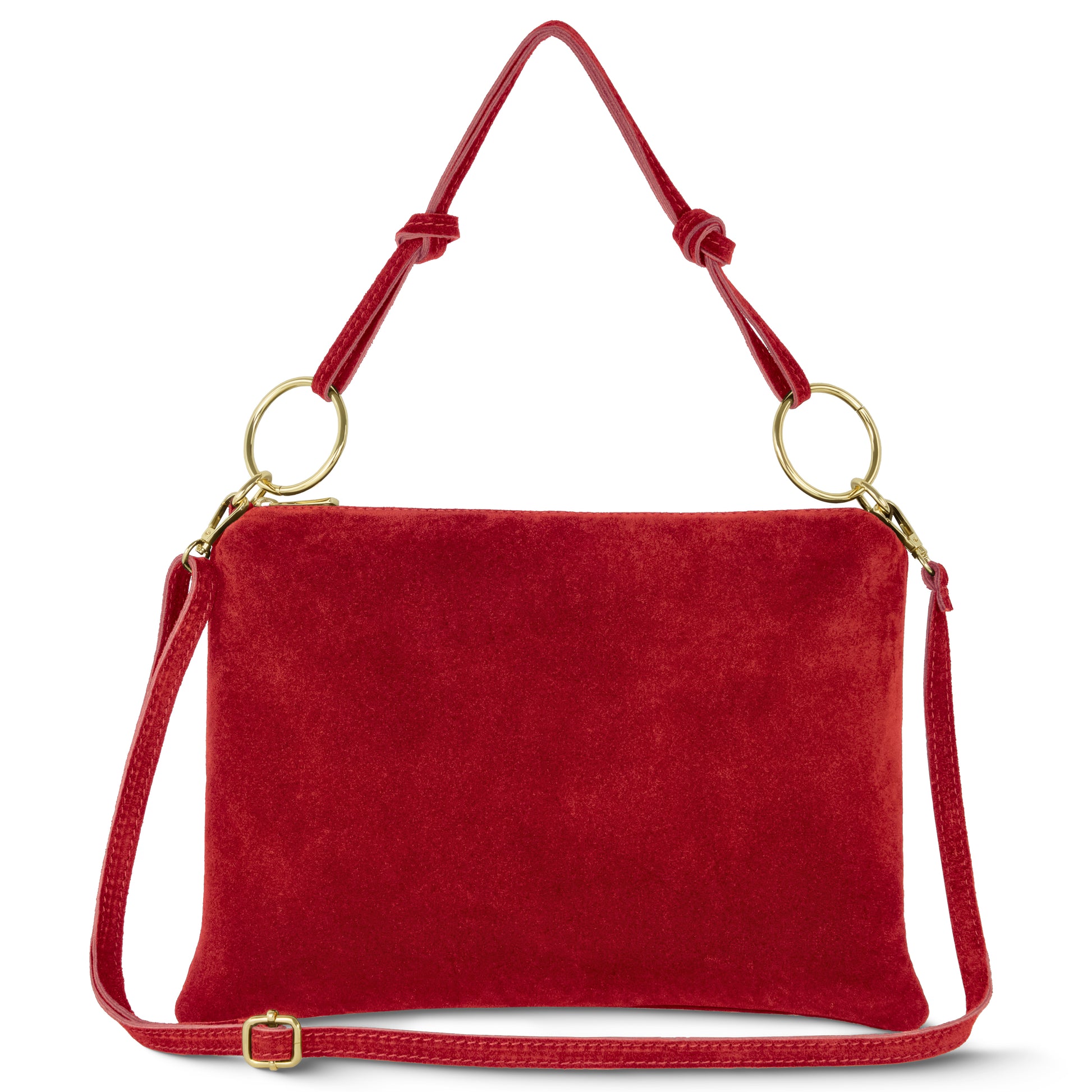 A red suede Italian handbag with gold rings connects a matching red strap. It also features a longer adjustable crossbody strap, both in red suede. The slim medium purse has a simple, elegant design.