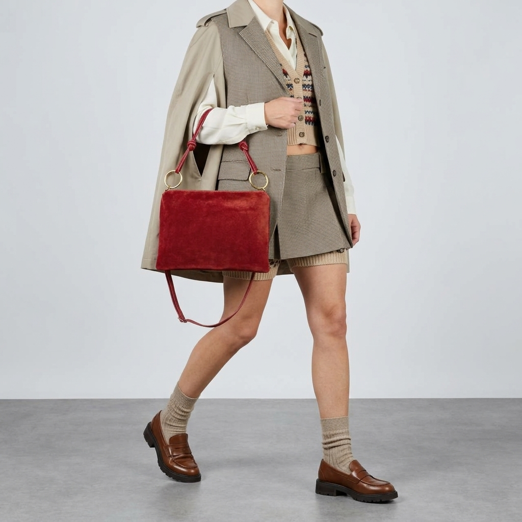 A person wearing a beige blazer, matching shorts, white shirt, and brown loafers carries an elegant Italian handbag in red suede with gold handles. The background is plain and gray.