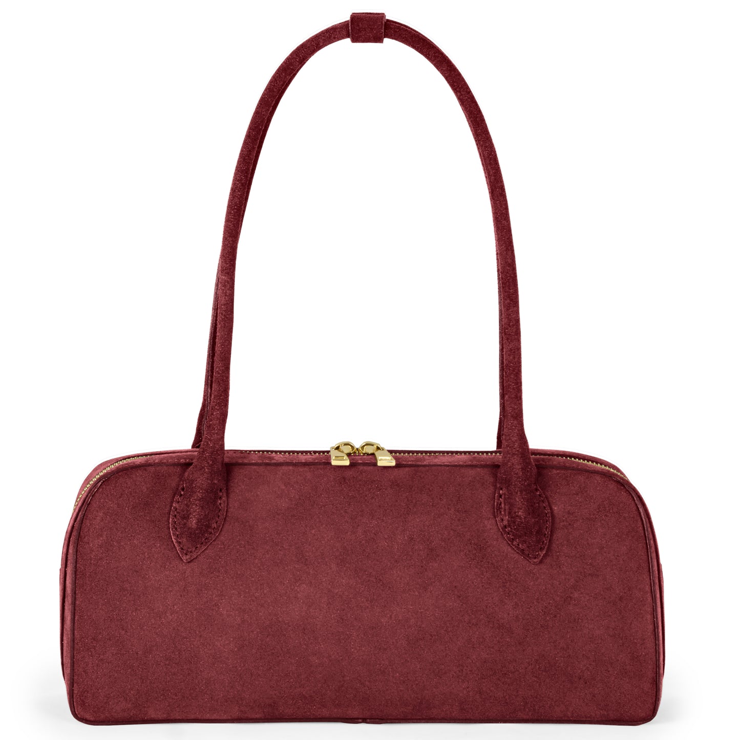 A rectangular burgundy suede bag with two long handles and a gold zipper closure is shown against a white background.