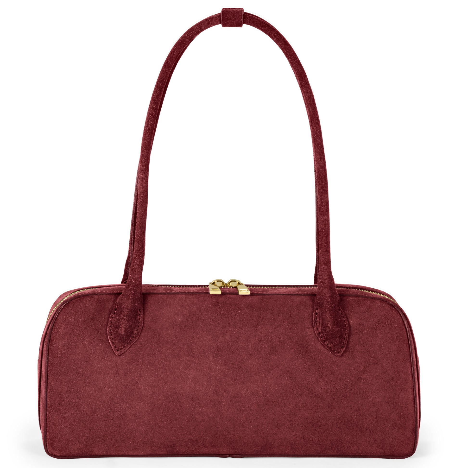 A rectangular burgundy suede bag with two long handles and a gold zipper closure is shown against a white background.