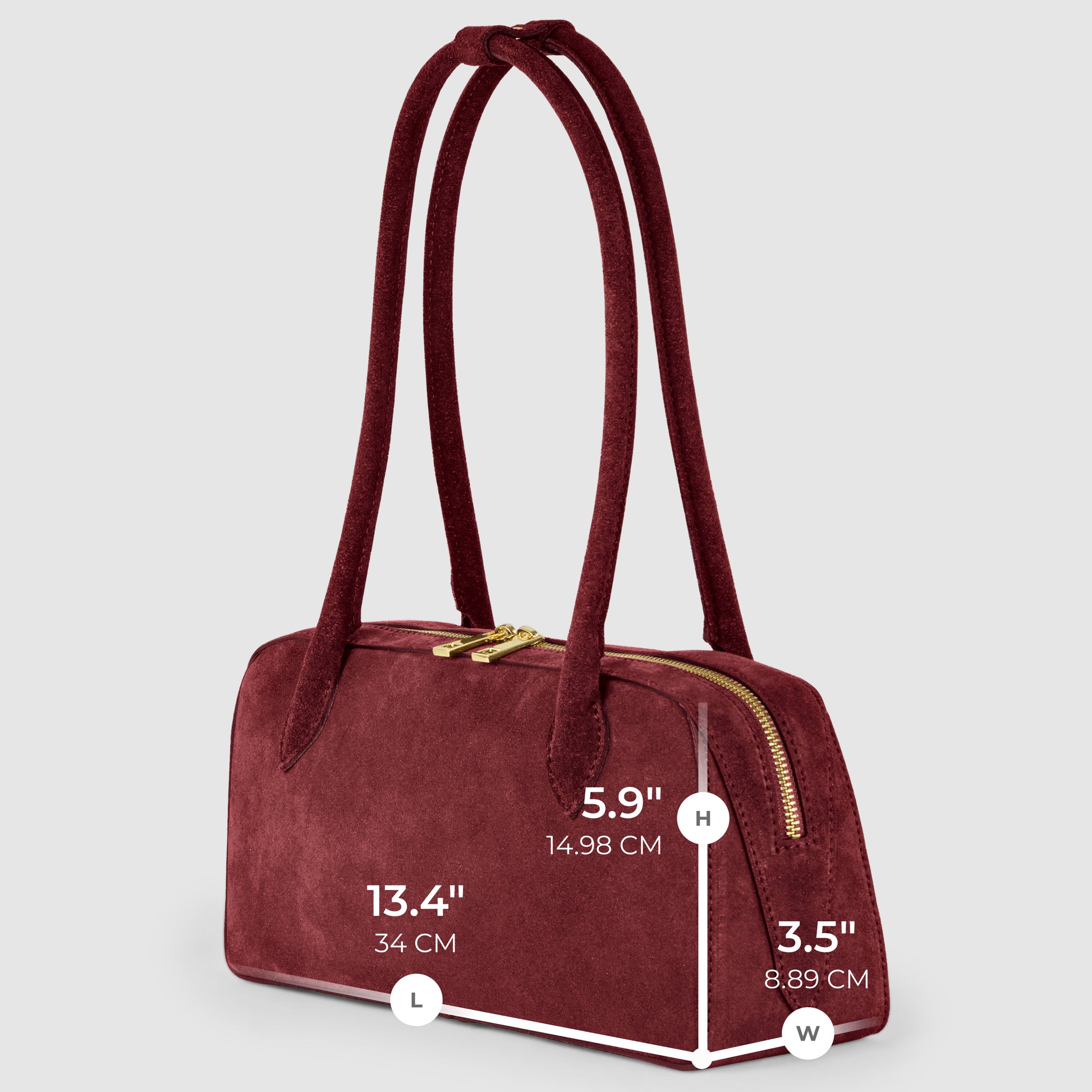 A maroon Italian suede leather bag with two long handles is shown on a plain background. The dimensions are labeled: 13.4 (34 cm) length, 5.9 (14.98 cm) height, and 3.5 (8.89 cm) width.