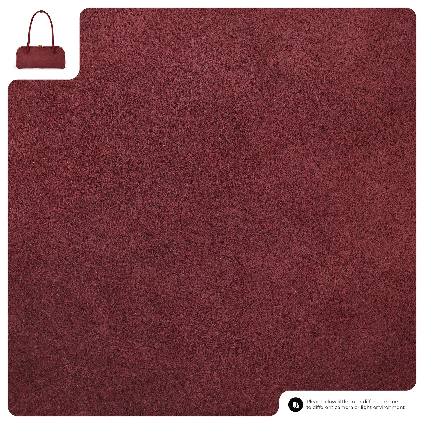 A large, rectangular maroon area rug with a soft, textured surface. An inset shows a matching Italian suede leather bag. Text at the bottom notes possible color differences due to camera or lighting.