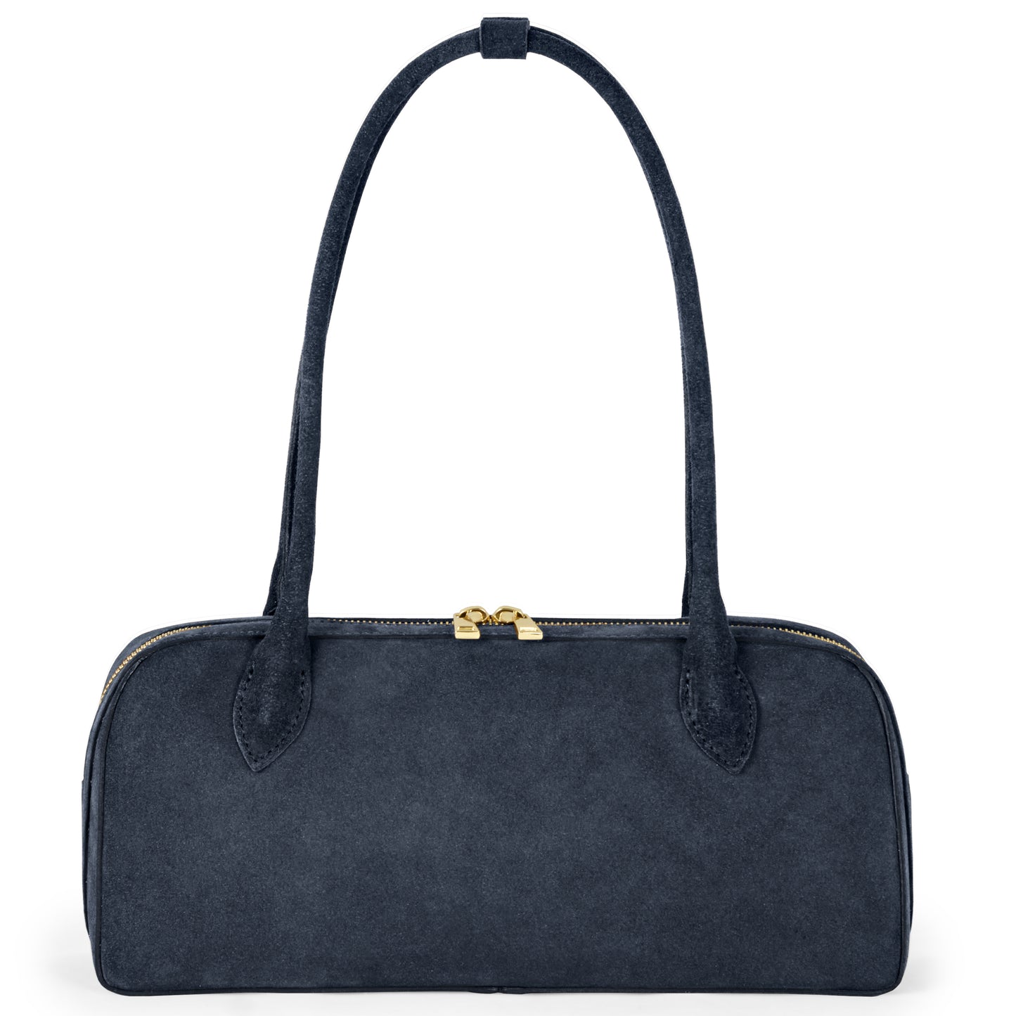 A rectangular dark blue suede bag with two long straps, gold zipper closure, and a minimalist design.