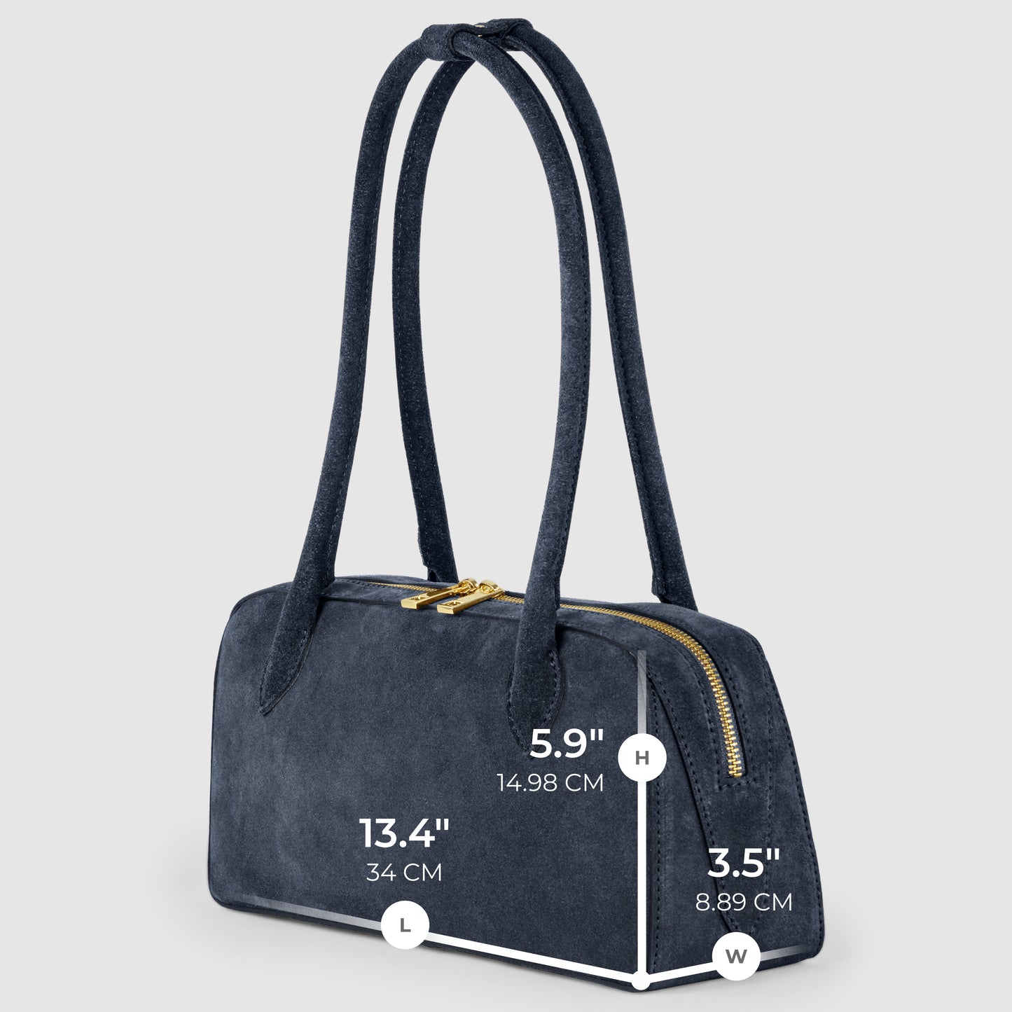 A dark blue Italian suede bag with two handles, gold zipper, and dimensions labeled: length 13.4 (34 cm), height 5.9 (14.98 cm), width 3.5 (8.89 cm), set against a light gray background.