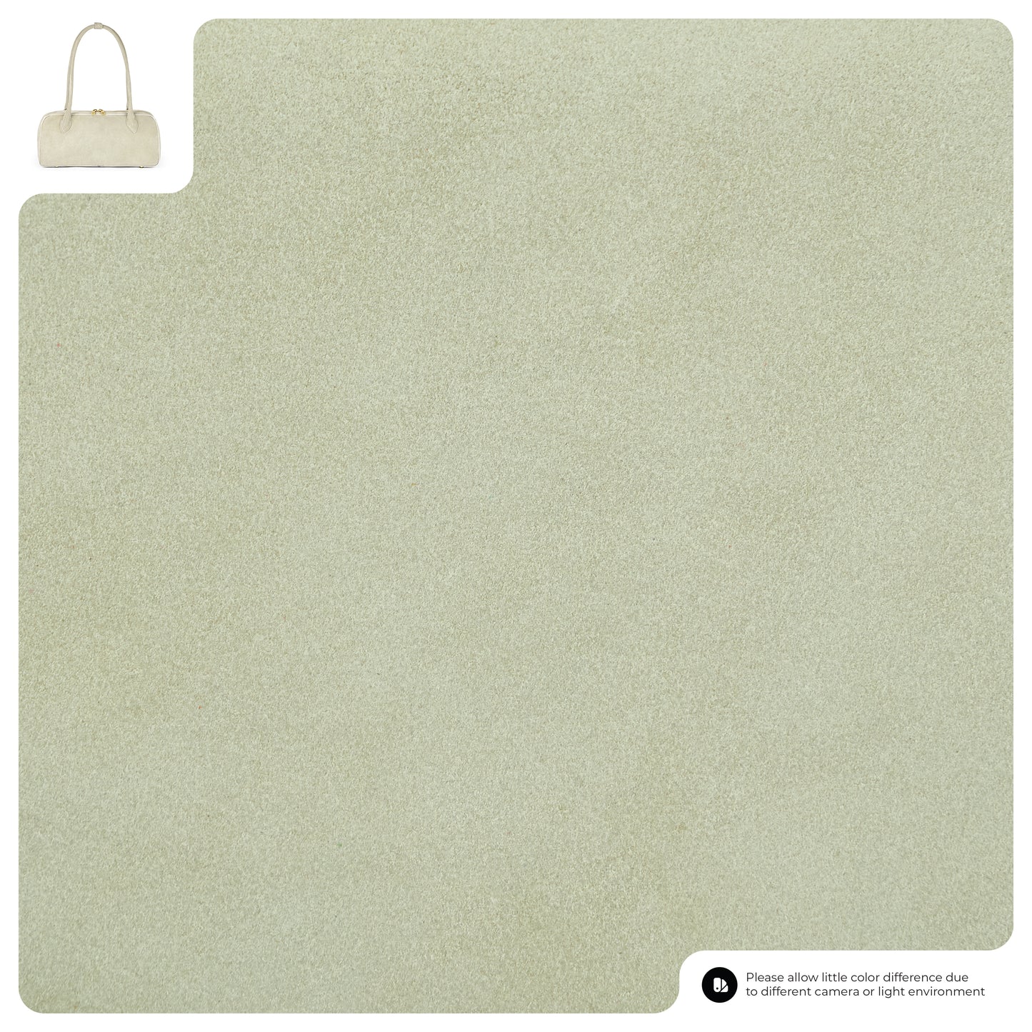 A rectangular swatch of pale beige textured material is shown. In the top left corner, a small Italian suede leather bag made of the same material is displayed. A note at the bottom right mentions possible color differences due to lighting.