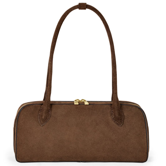 A rectangular chocolate suede Italian bag with two long handles and a gold top zipper, expertly handmade in Italy, displayed against a white background.
