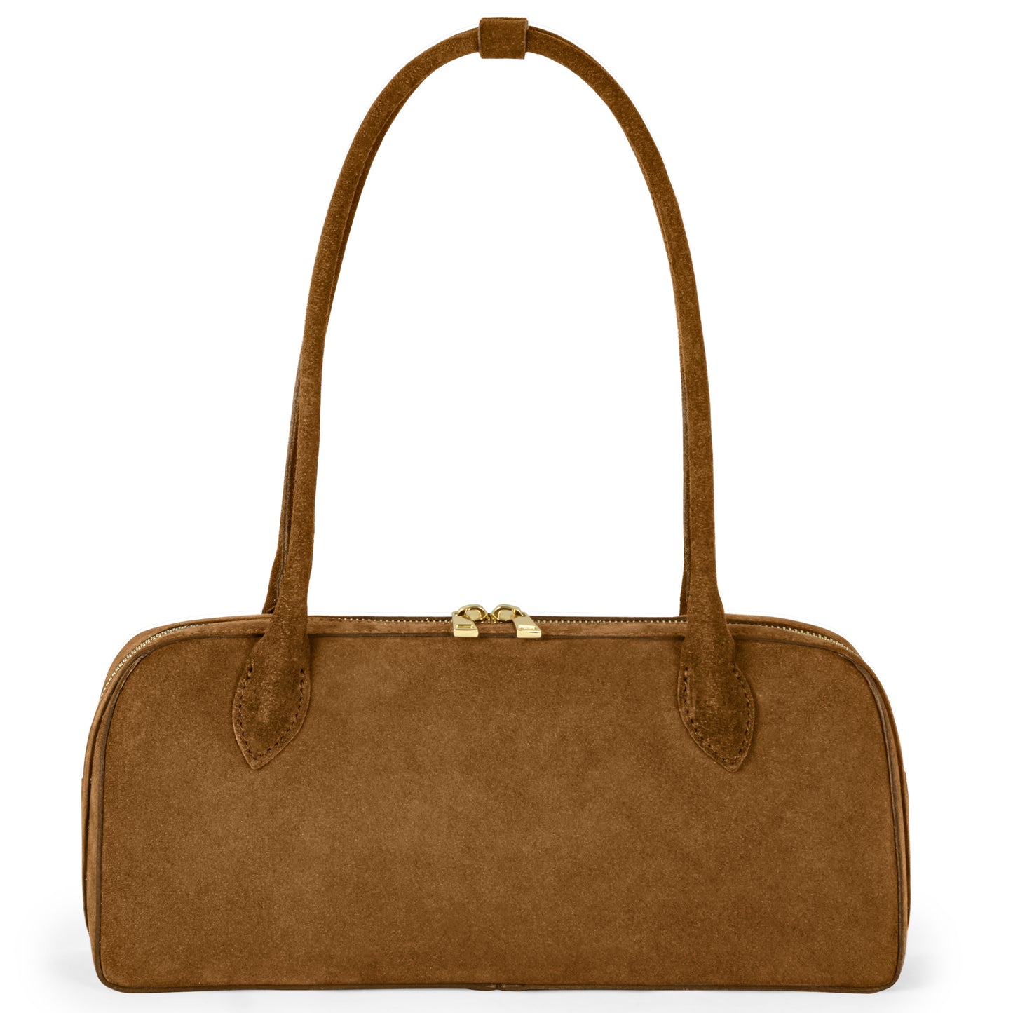A cocoa suede Italian leather bag with two long handles and a gold zipper closure, displayed against a white background.