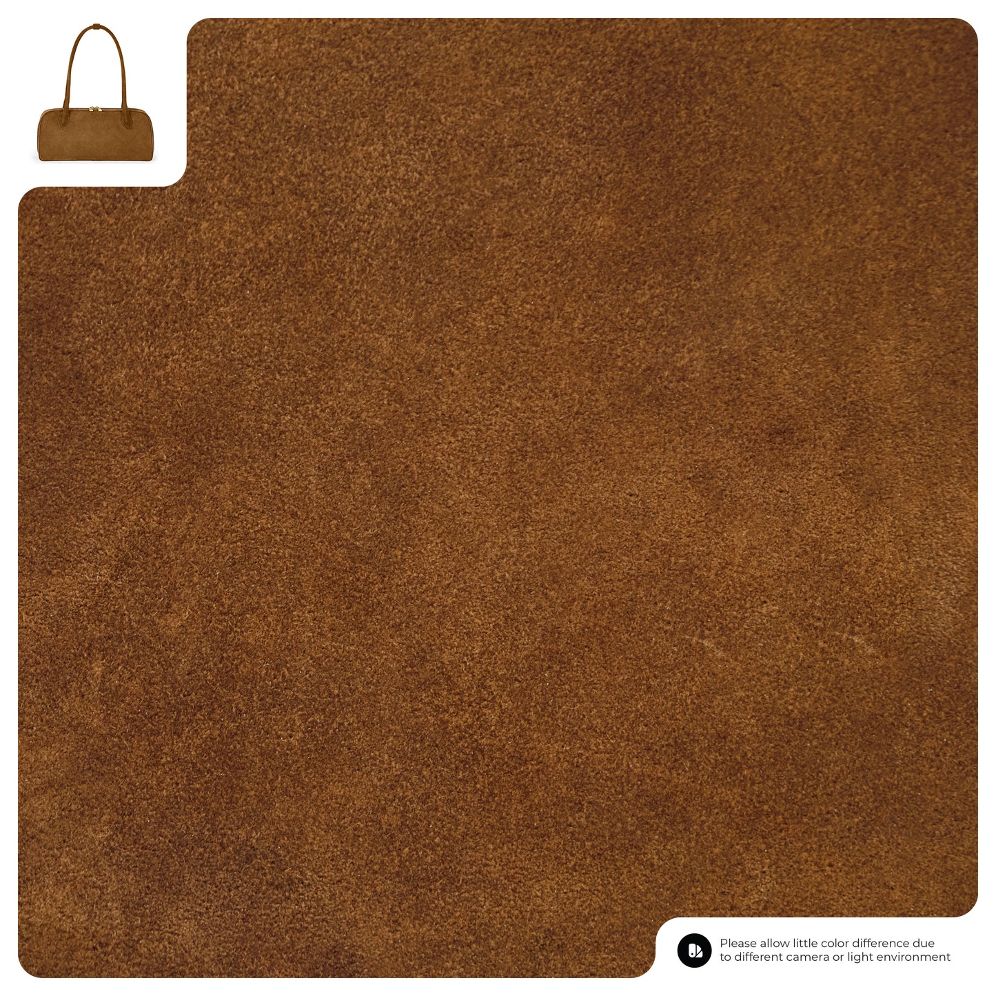 Close-up view of a brown suede textured material, with a small inset image of an Italian suede leather bag in the top left corner. A note about potential color differences appears in the bottom right corner.