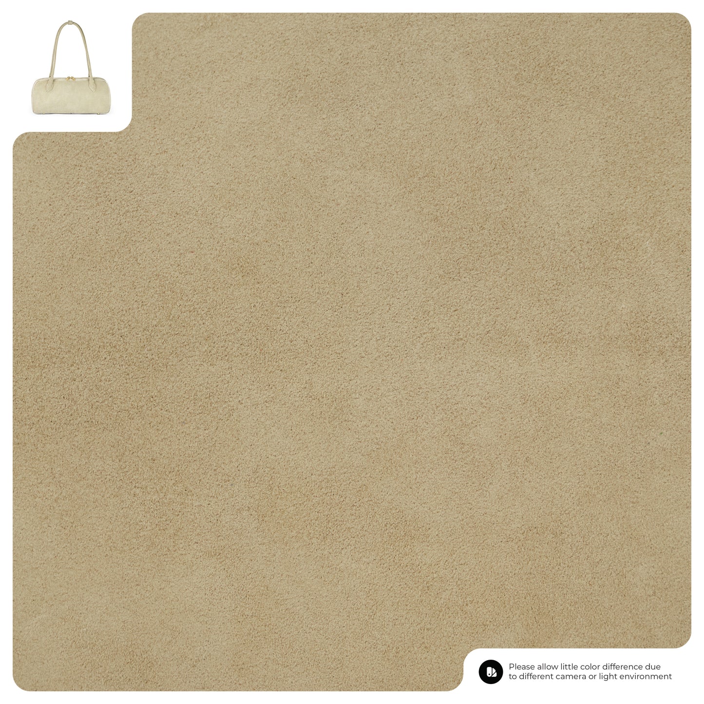 A large Greige Suede carpet sample is displayed with a small structured handbag in the top left for scale. Note: Slight color differences may occur due to camera or lighting.