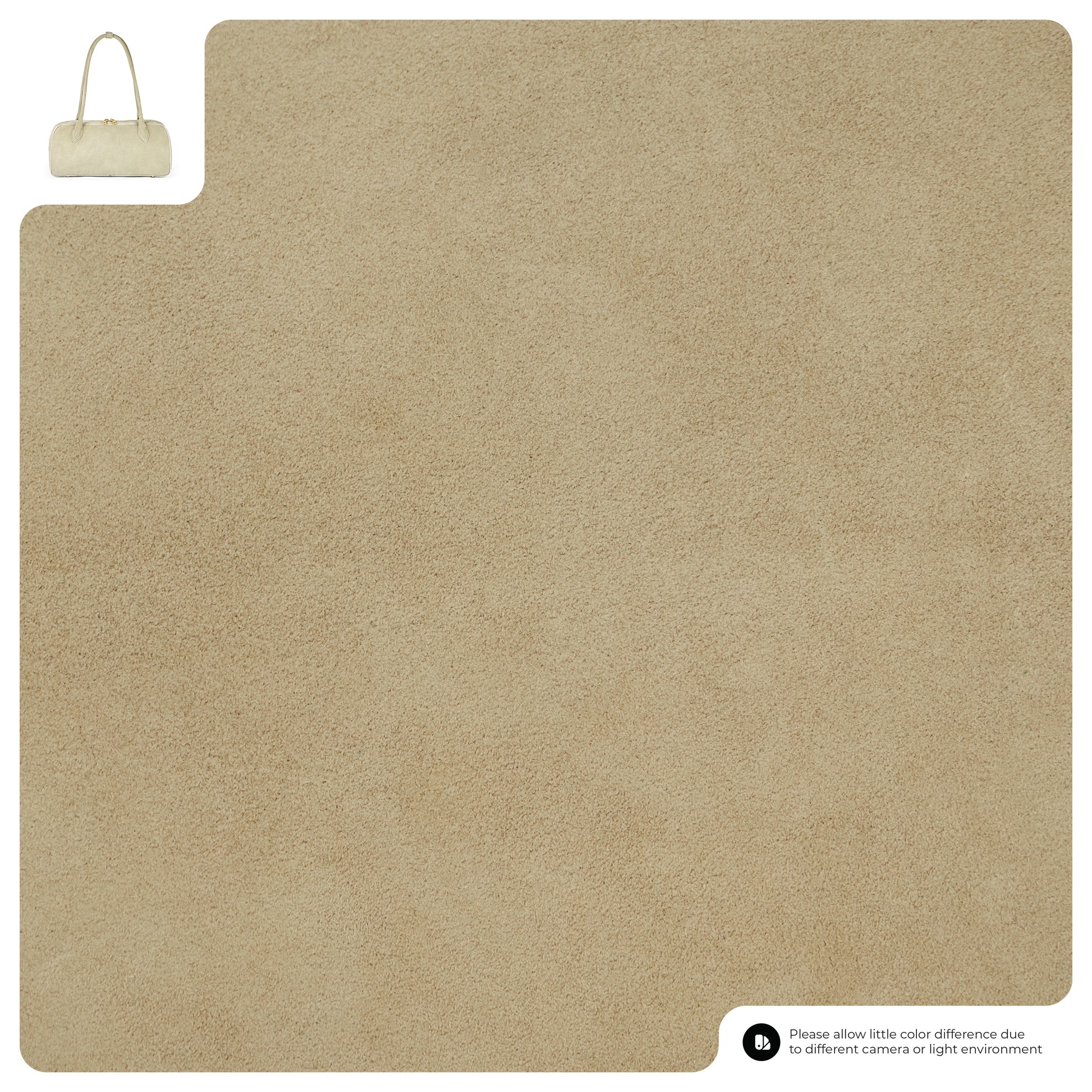 A large Greige Suede carpet sample is displayed with a small structured handbag in the top left for scale. Note: Slight color differences may occur due to camera or lighting.
