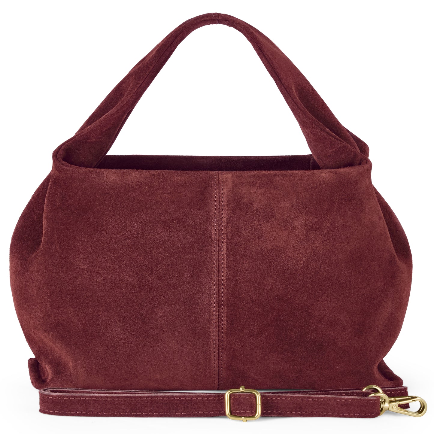 A large, handcrafted burgundy suede bag with a wide handle and detachable matching strap featuring a gold buckle and clasp, displayed against a white background.