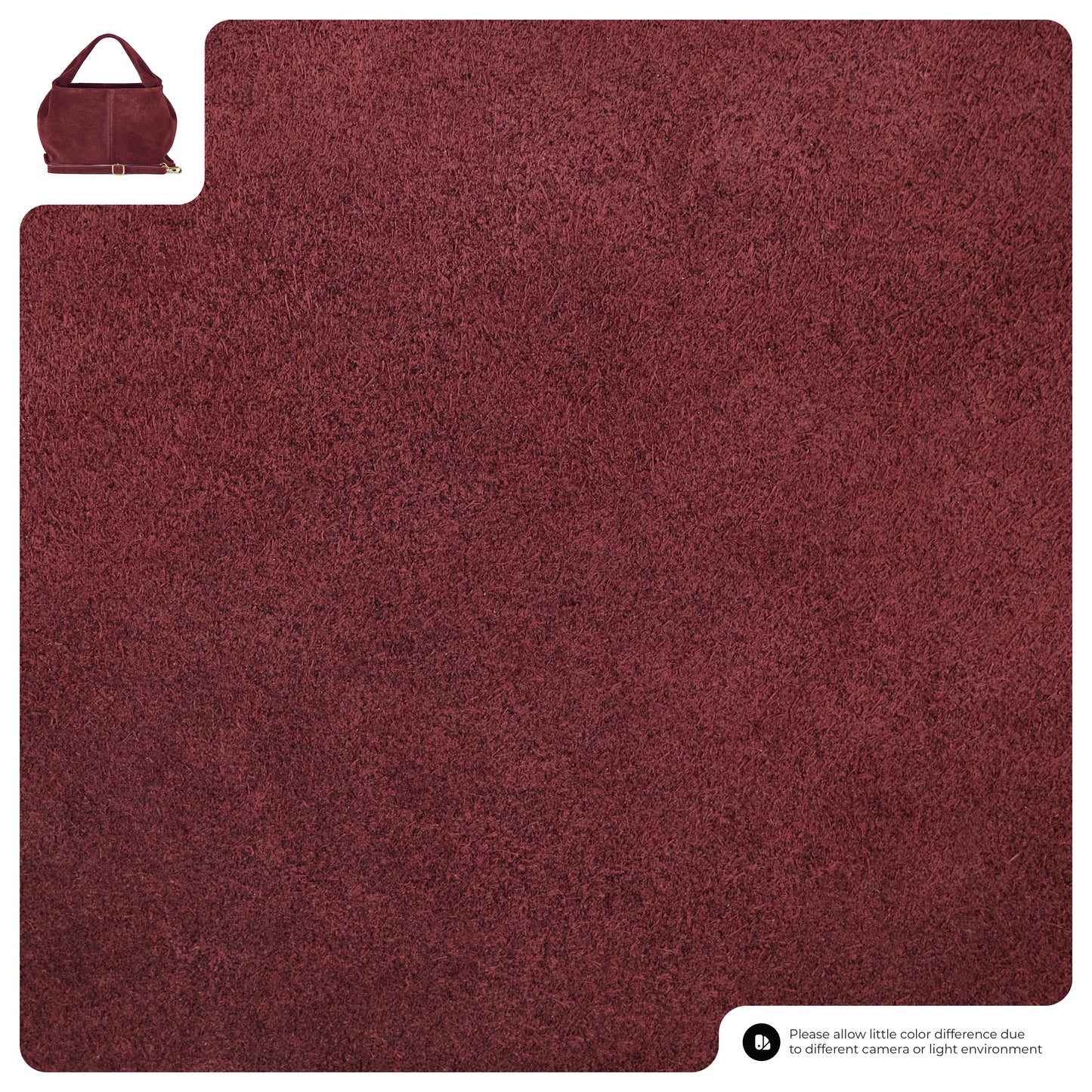 A large, square, dark red rug with a small inset showing an Italian leather handbag in matching dark red in the top left corner. A note at the bottom mentions possible color differences due to lighting or camera.