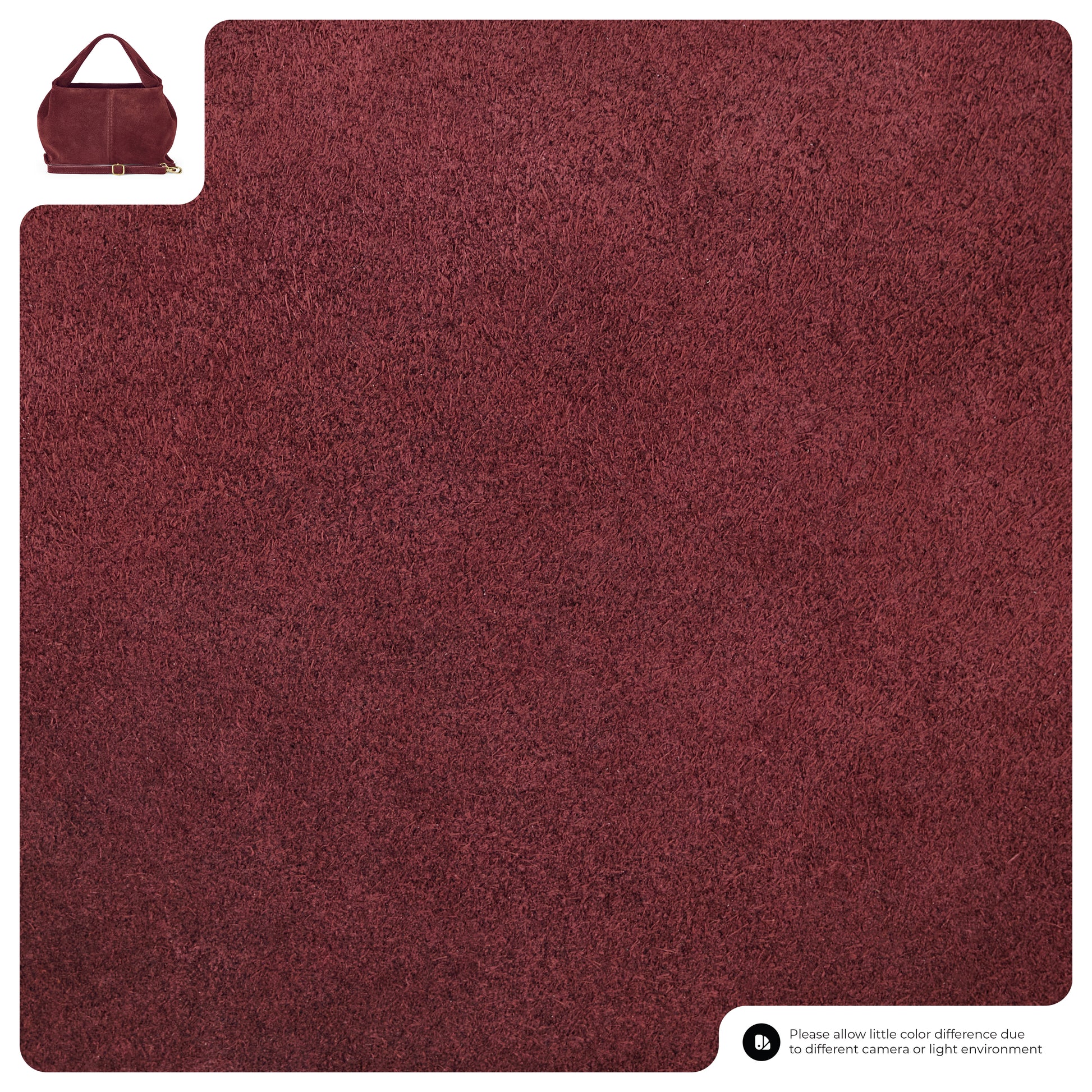 A large, square, dark red rug with a small inset showing an Italian leather handbag in matching dark red in the top left corner. A note at the bottom mentions possible color differences due to lighting or camera.