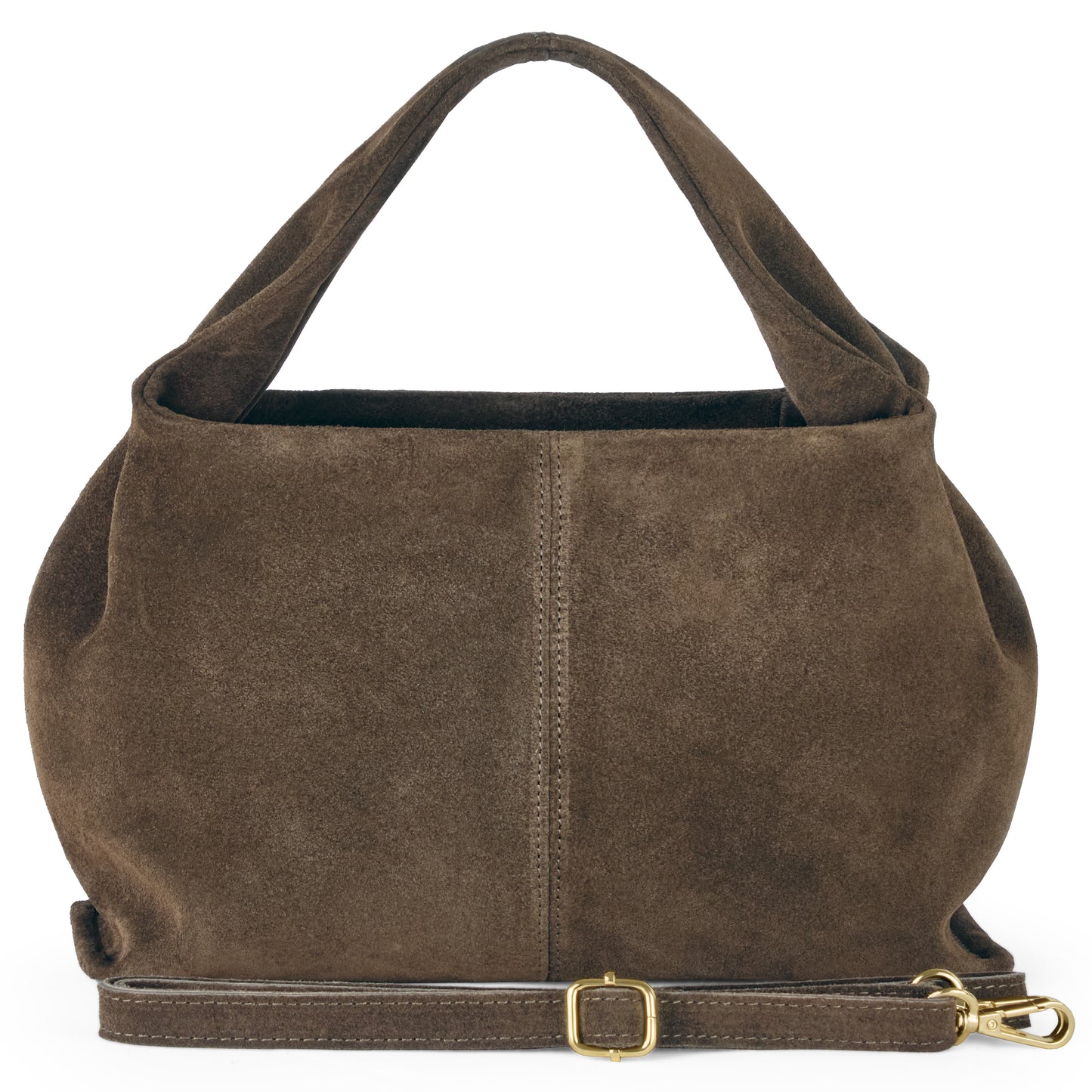 A tobacco suede handcrafted bag with wide handles and a removable, adjustable strap with a gold buckle and clasp, shown against a white background.