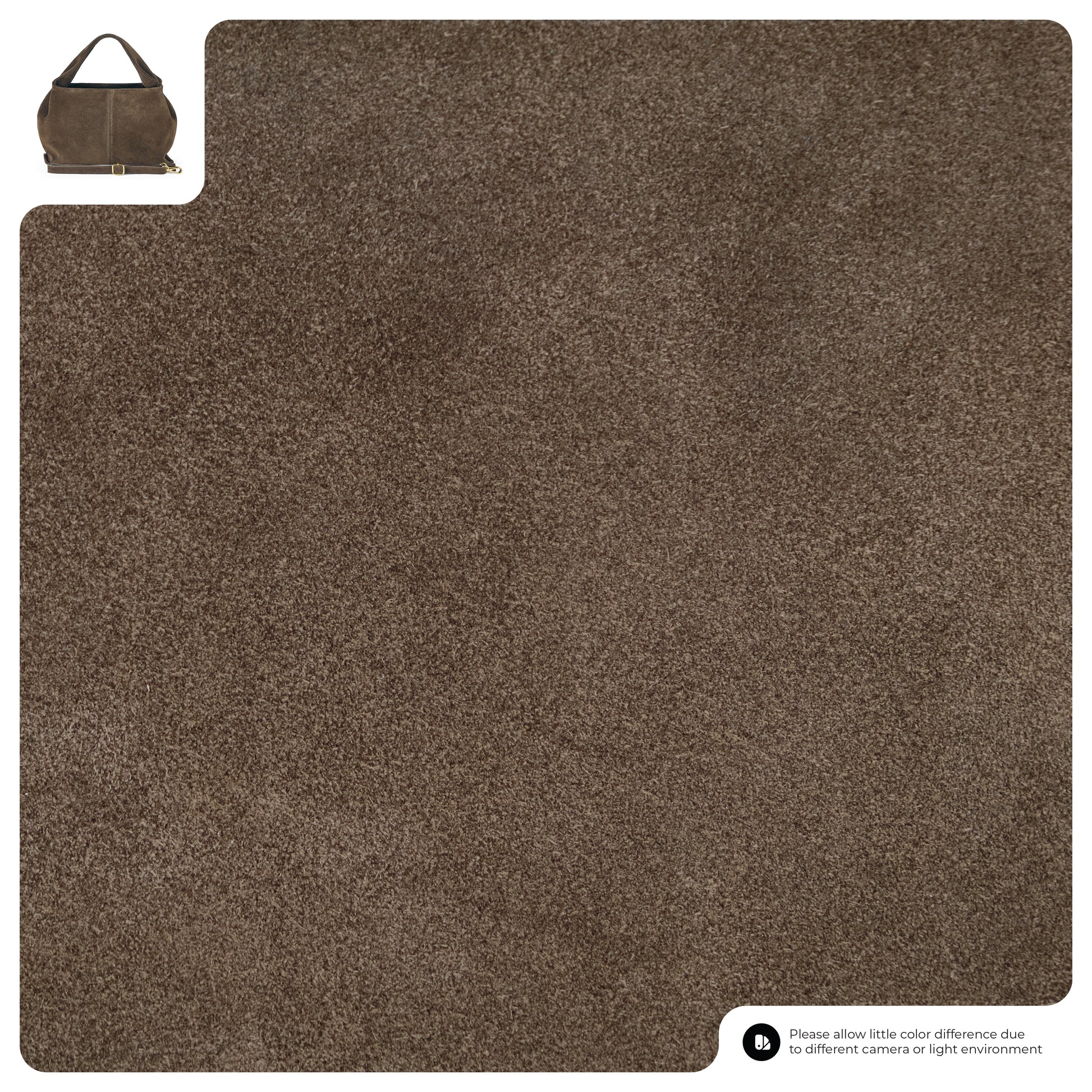 A large square swatch of textured brown fabric is shown. In the top left corner, there is a small image of an Italian leather handbag. At the bottom right, a note mentions possible color differences due to lighting or camera.