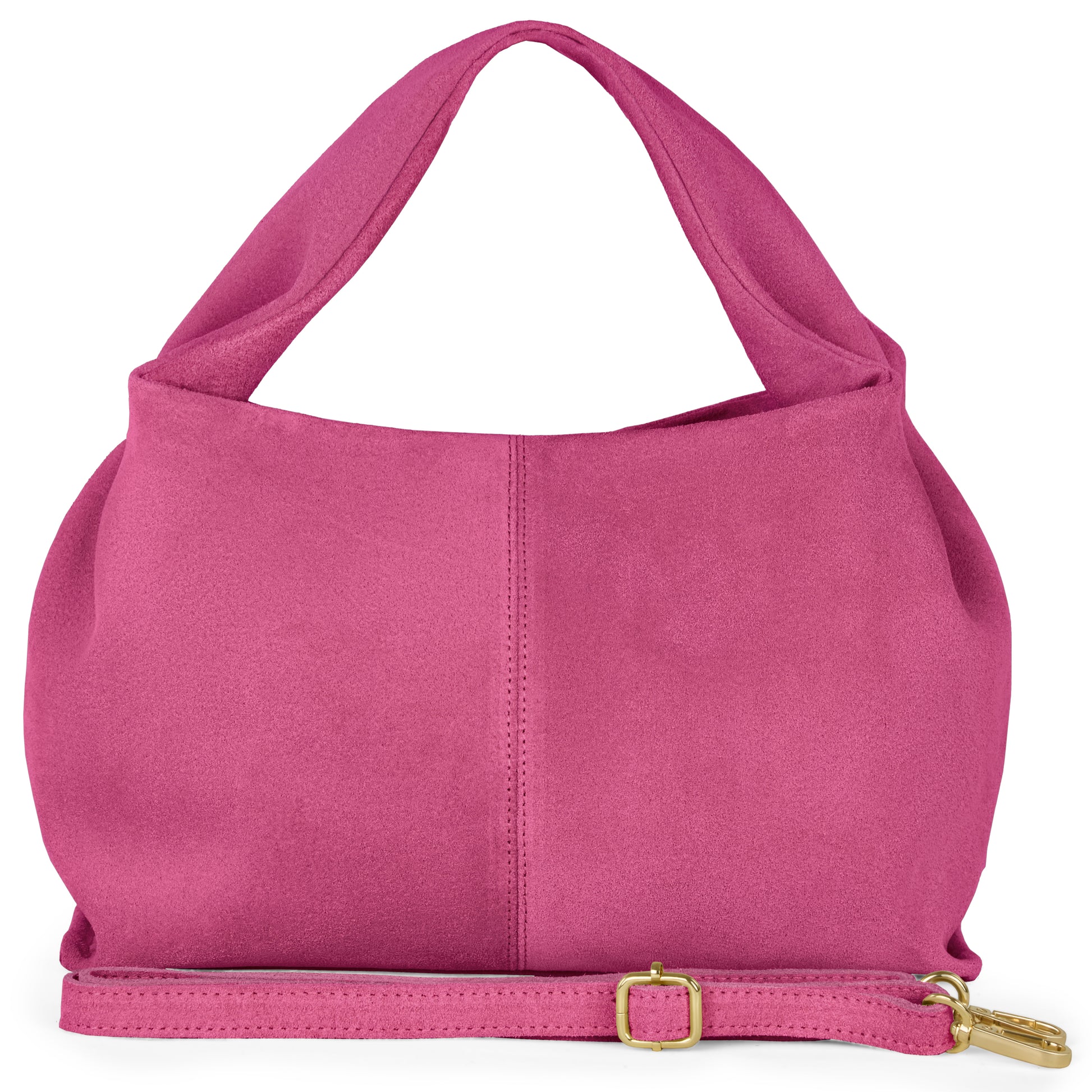 A fuchsia suede handcrafted bag with a wide handle, visible center stitching, and a detachable matching shoulder strap featuring a gold buckle, displayed against a white background.
