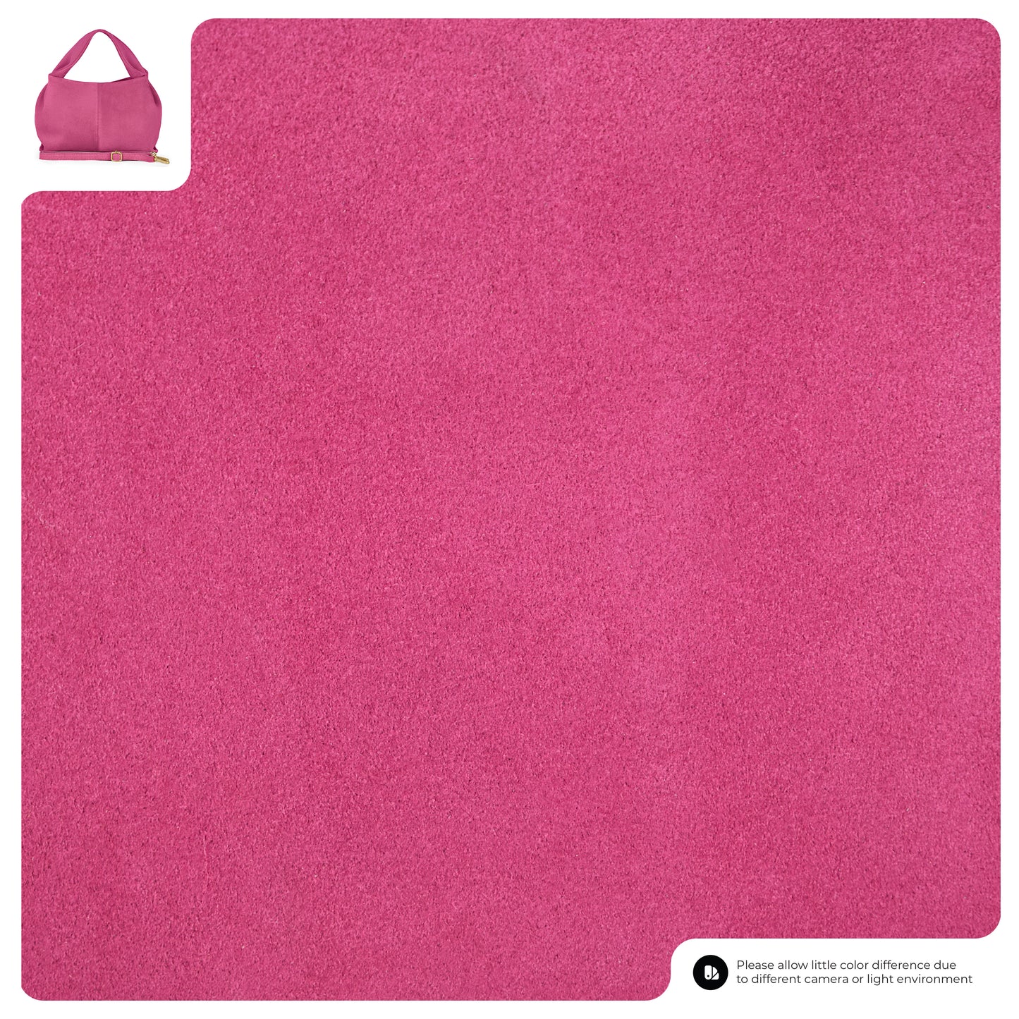 A large rectangular pink mat with a small matching pink handcrafted suede bag shown in the top left corner. A note at the bottom right mentions possible color differences due to camera or lighting.