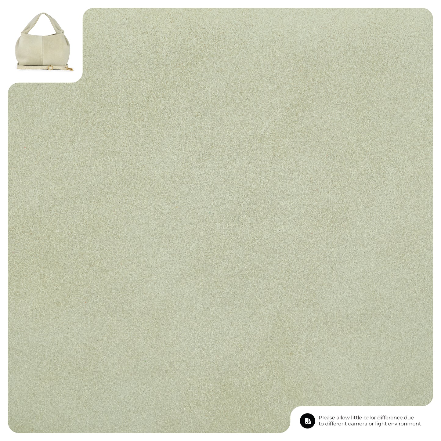 A swatch of light beige textured material fills most of the image. In the top left corner, a small inset photo shows a handcrafted suede bag, highlighting exceptional Florentine craftsmanship using the same material.