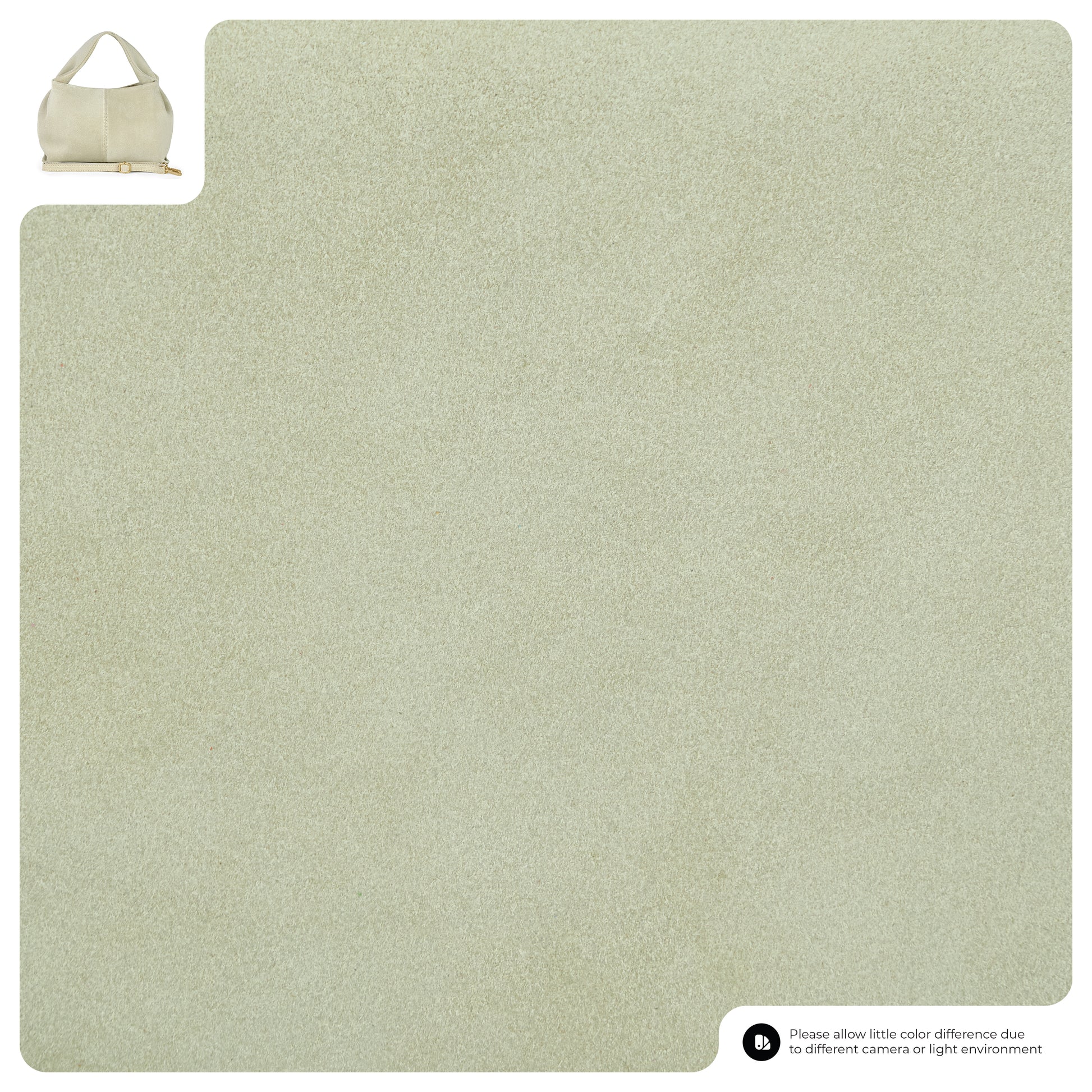 A swatch of light beige textured material fills most of the image. In the top left corner, a small inset photo shows a handcrafted suede bag, highlighting exceptional Florentine craftsmanship using the same material.