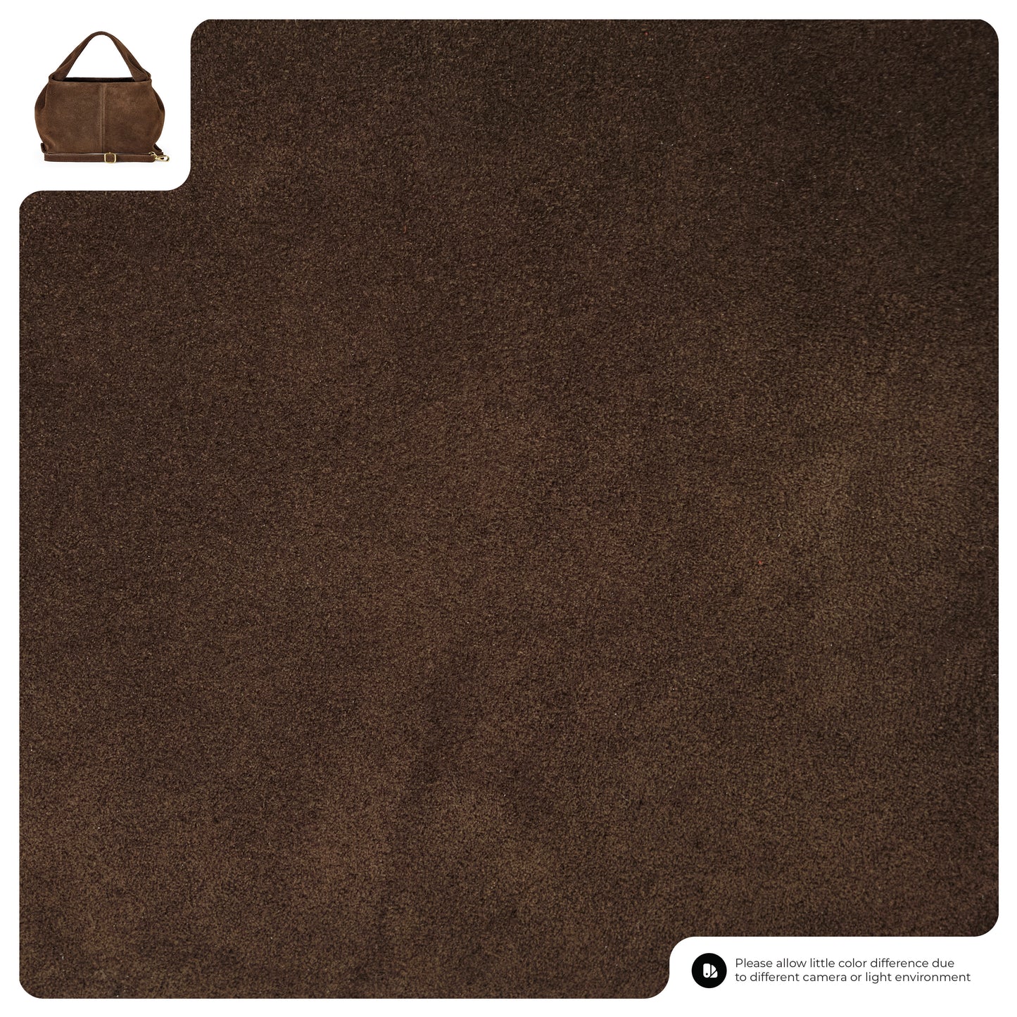 A large swatch of dark brown suede fabric with a small image of a handcrafted suede bag in the top left corner, and a note about possible color differences in the bottom right corner.