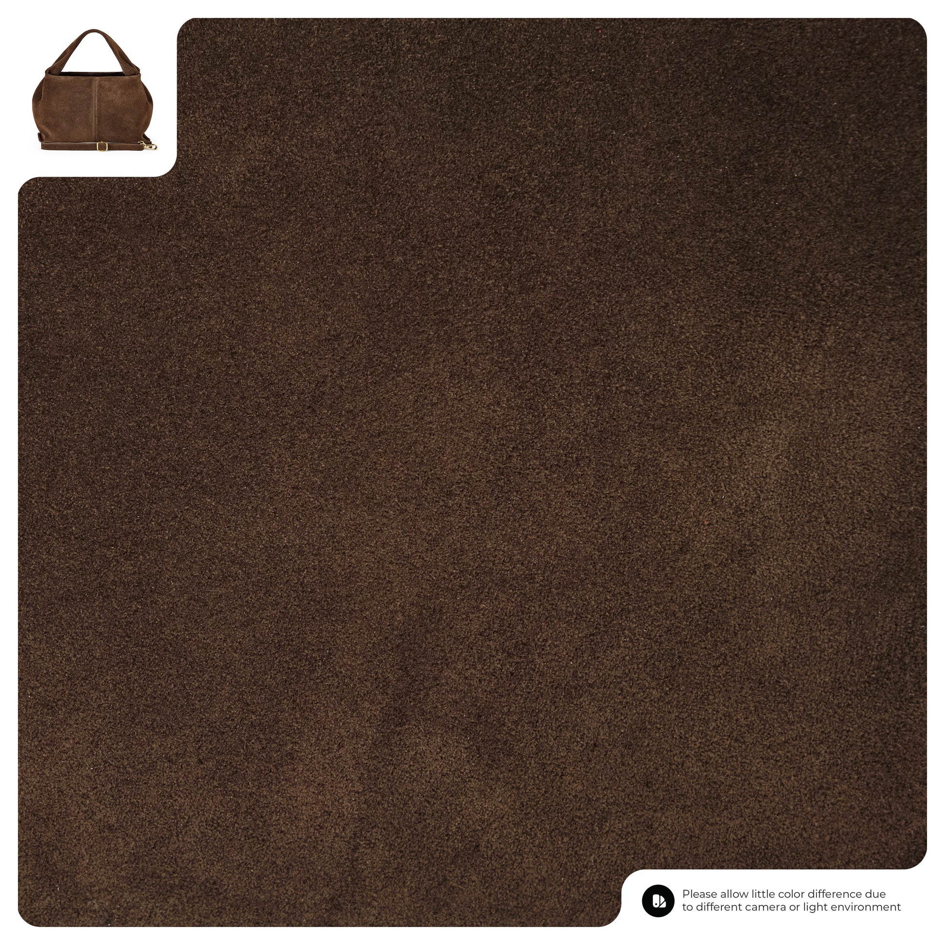 A large swatch of dark brown suede fabric with a small image of a handcrafted suede bag in the top left corner, and a note about possible color differences in the bottom right corner.