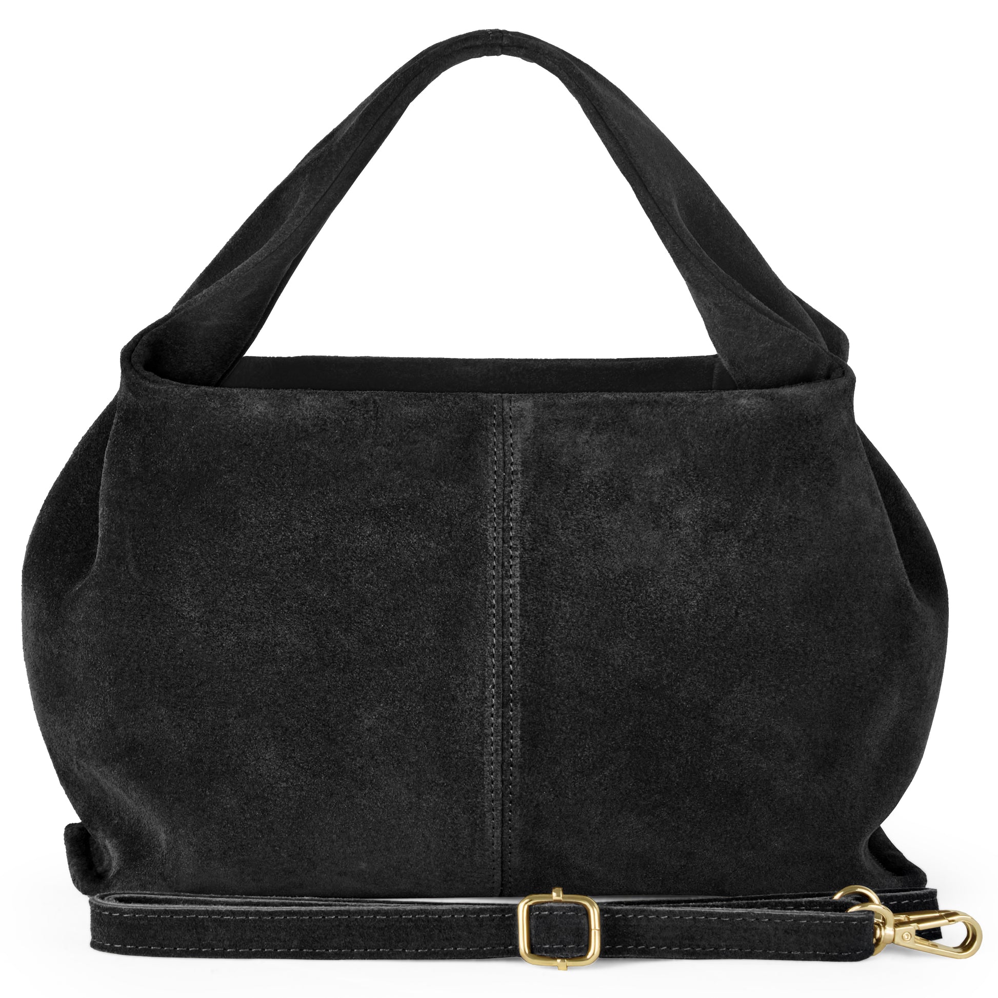 A handcrafted black suede handbag with a wide handle, central stitching, and a detachable strap with gold buckle. The soft, slouchy bag boasts minimalist design inspired by Italian craftsmanship.