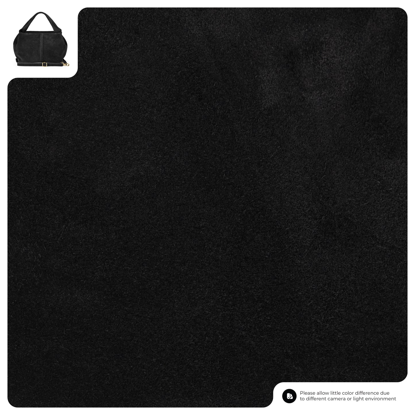 A large square swatch of black textured material is displayed, with a small black suede handbag shown in the top left corner. A note in the bottom right mentions possible color differences due to lighting or camera.