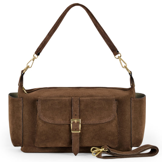 A handmade Italian handbag crafted from genuine suede leather, this brown shoulder bag features a front buckle pocket, detachable strap, and gold-tone hardware, all displayed against a white background.