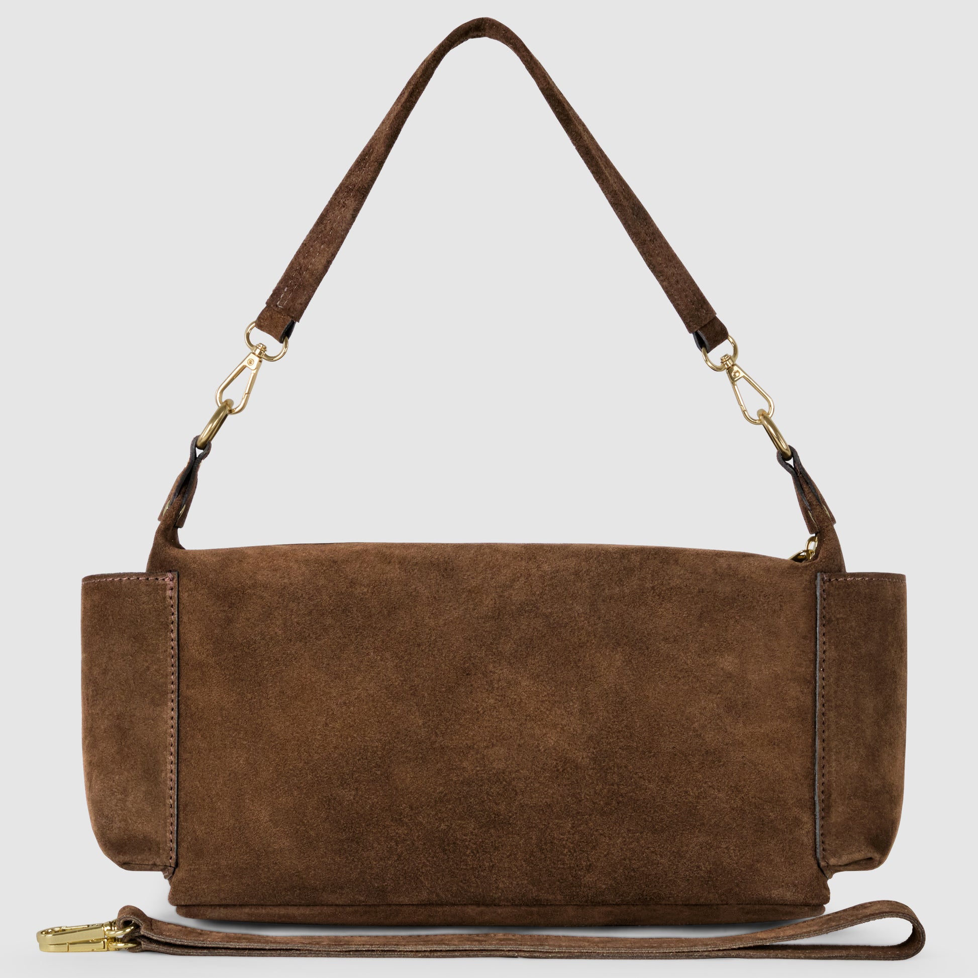 A brown genuine suede leather shoulder bag with gold hardware, a short strap attached by clasps, and a detachable longer strap placed in front of the bag, set against a plain light background.