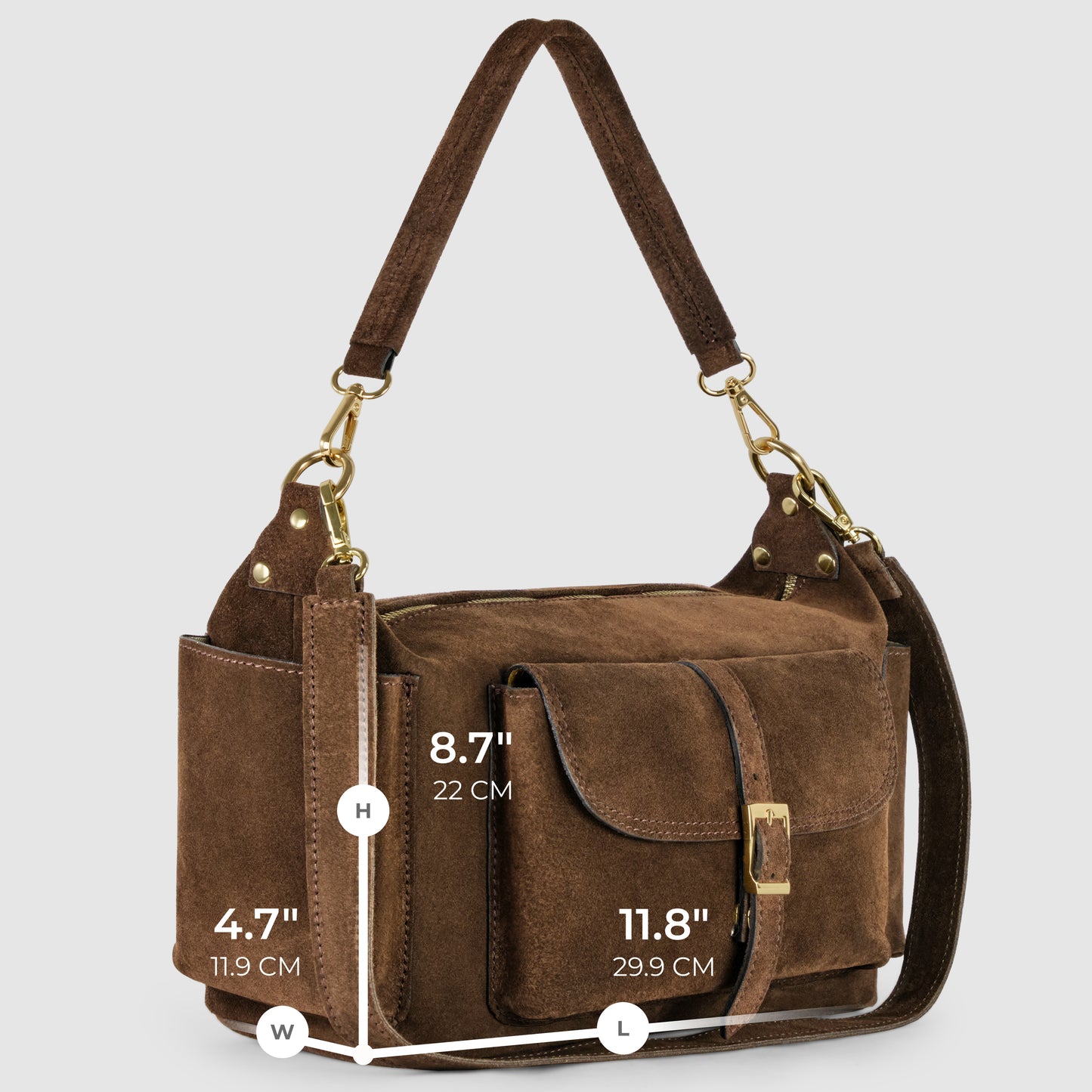 A handmade Italian handbag in brown genuine suede leather with gold hardware, featuring a front pocket with buckle, two handles, and measurements: 8.7 height, 11.8 length, 4.7 width (22 cm x 29.9 cm x 11.9 cm).
