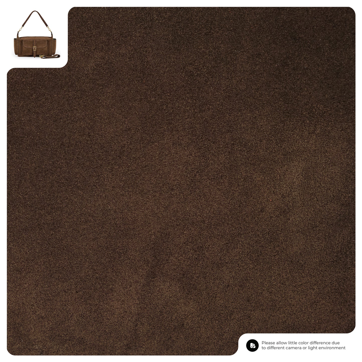 A close-up of genuine suede leather fabric with a small handmade Italian handbag in the upper left corner for reference. Text at the bottom notes possible color differences due to camera or lighting.