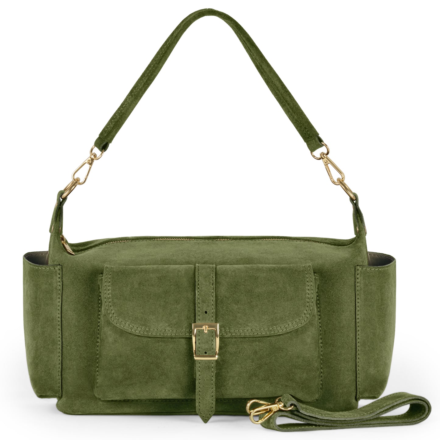 A handmade Italian handbag in olive suede, featuring a front buckle pocket, gold hardware, a short top handle, and a removable shoulder strap placed in front.