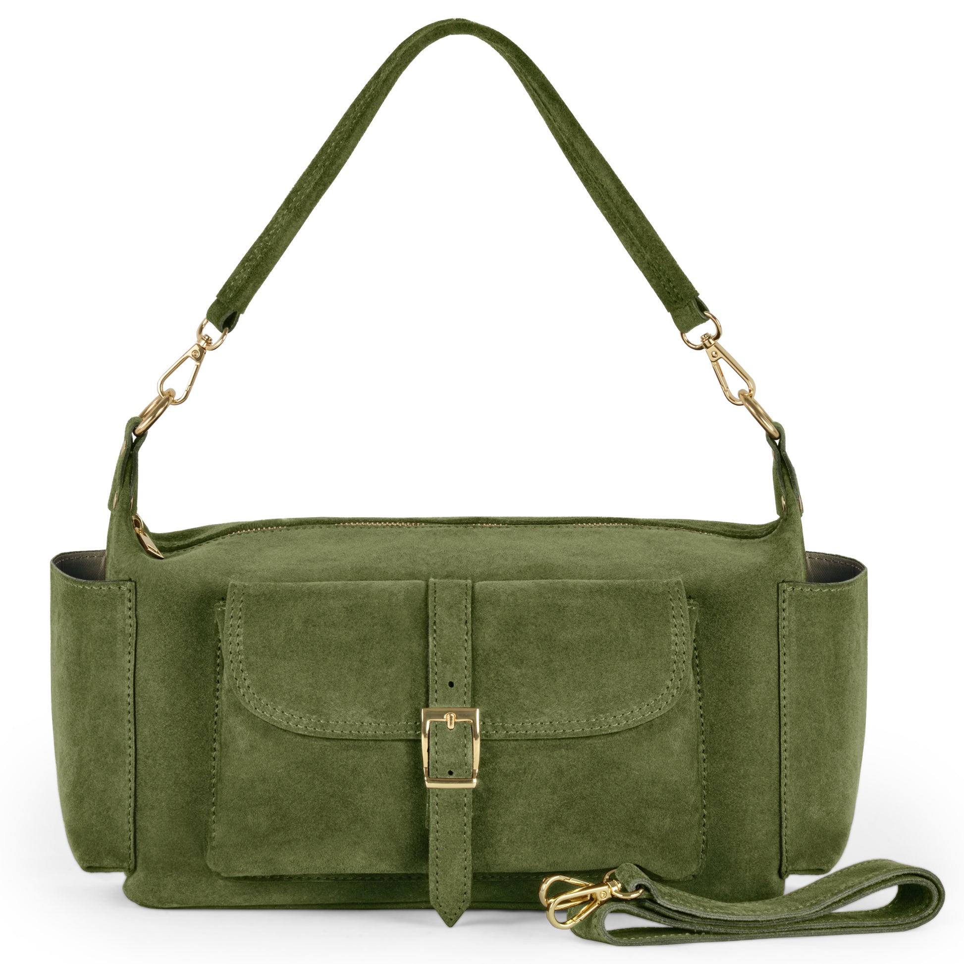 A handmade Italian handbag in olive suede, featuring a front buckle pocket, gold hardware, a short top handle, and a removable shoulder strap placed in front.