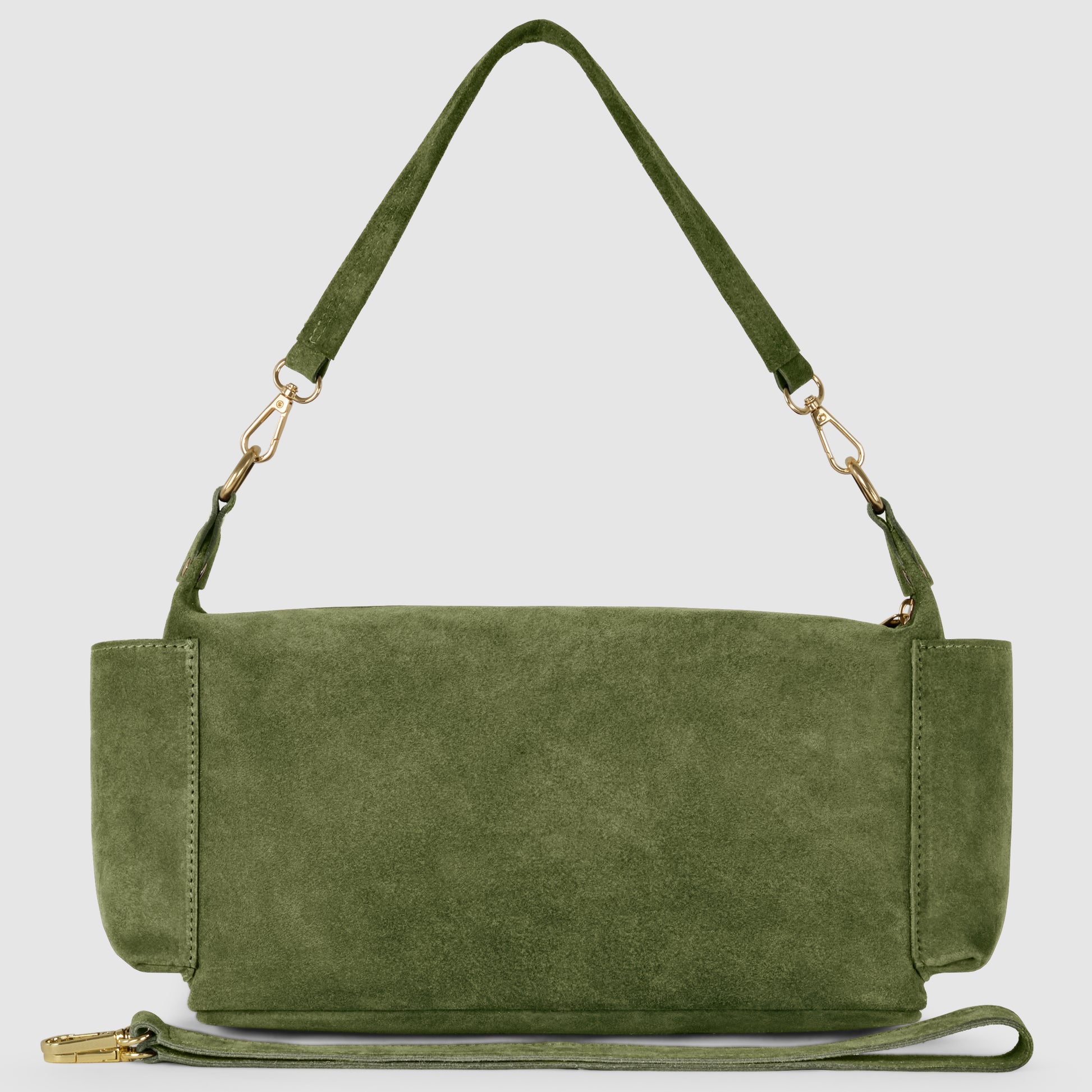 A green handmade Italian handbag in genuine suede leather with a short handle, gold hardware, and a detachable long strap, displayed against a plain light background.