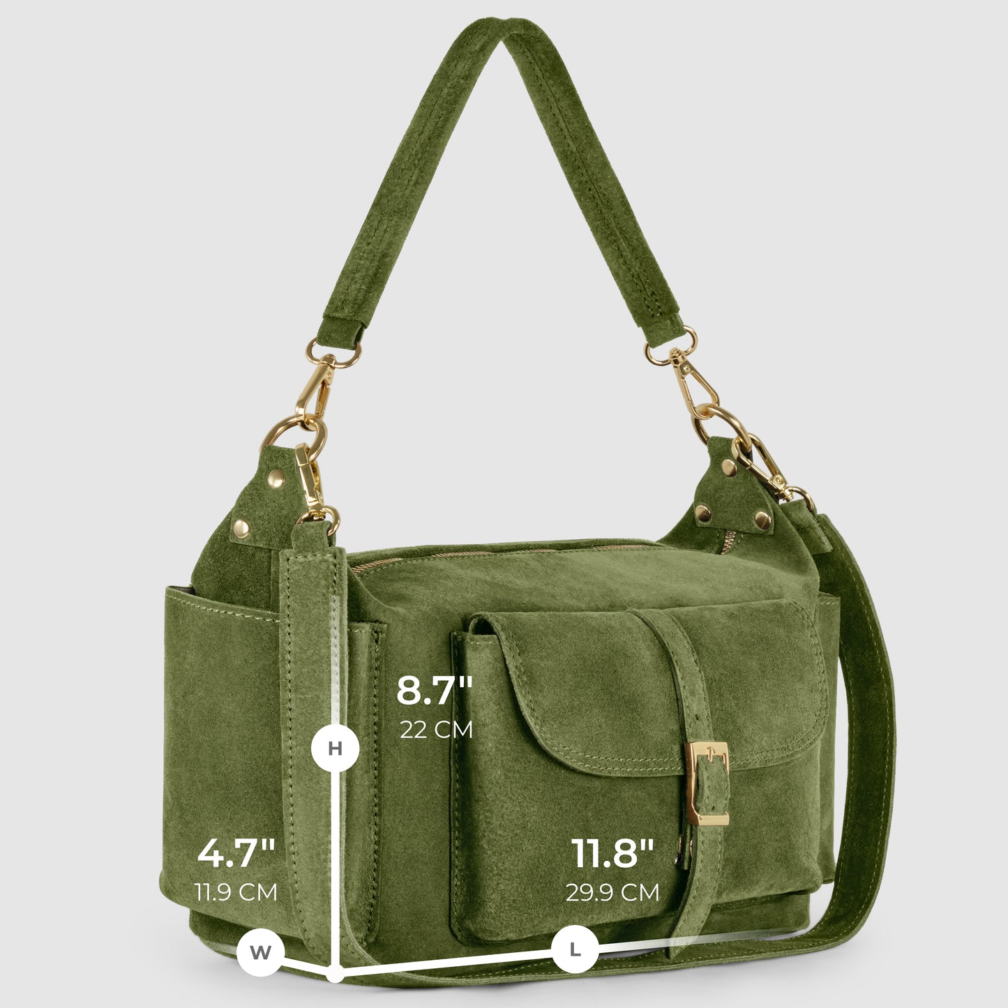 A green handmade Italian handbag in suede leather with gold hardware, top handle, front flap pocket, and detachable shoulder strap. Crafted with Florentine leatherworking. Dimensions: 8.7 height, 11.8 length, and 4.7 width.