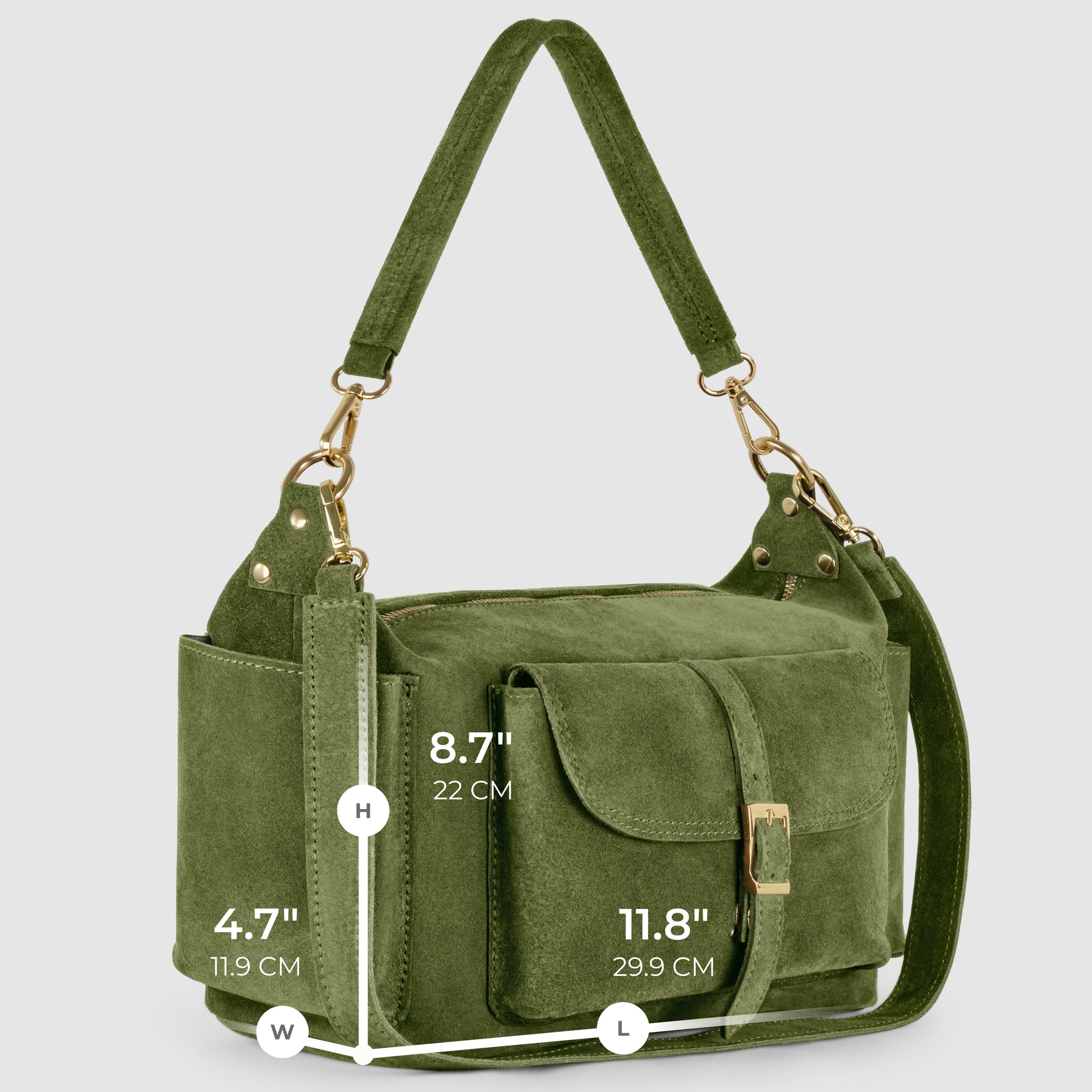 A green handmade Italian handbag in suede leather with gold hardware, top handle, front flap pocket, and detachable shoulder strap. Crafted with Florentine leatherworking. Dimensions: 8.7 height, 11.8 length, and 4.7 width.