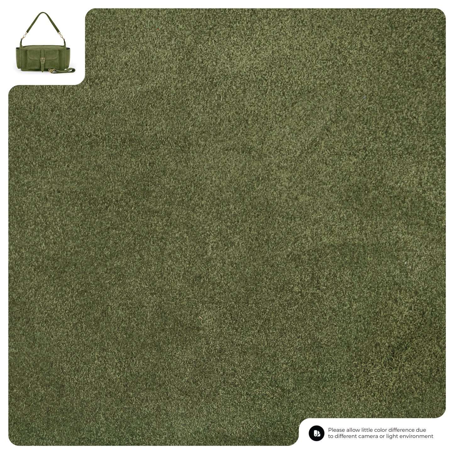 Green textured carpet sample is shown, with a small handmade Italian handbag in the top left corner for scale. A note at the bottom right mentions possible color differences due to lighting or camera settings.