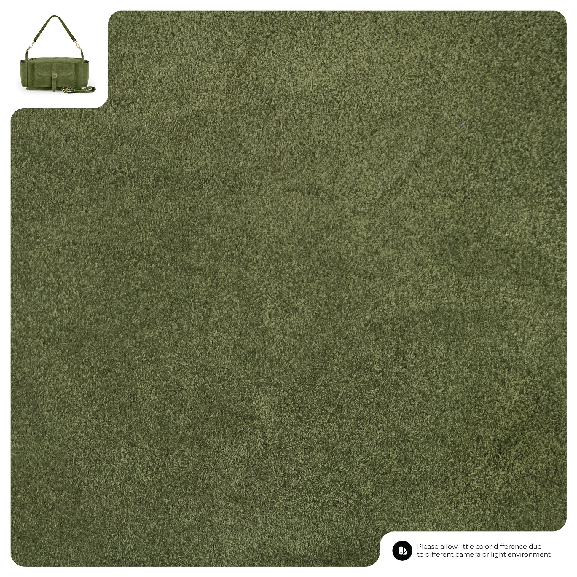Green textured carpet sample is shown, with a small handmade Italian handbag in the top left corner for scale. A note at the bottom right mentions possible color differences due to lighting or camera settings.