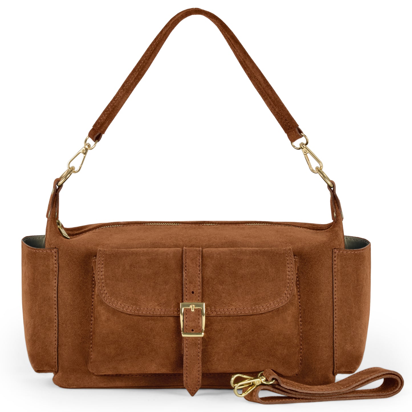 A brown suede Italian handbag features genuine leather, a top handle, front flap pocket with buckle, side pockets, gold-tone hardware, and a detachable shoulder strap.
