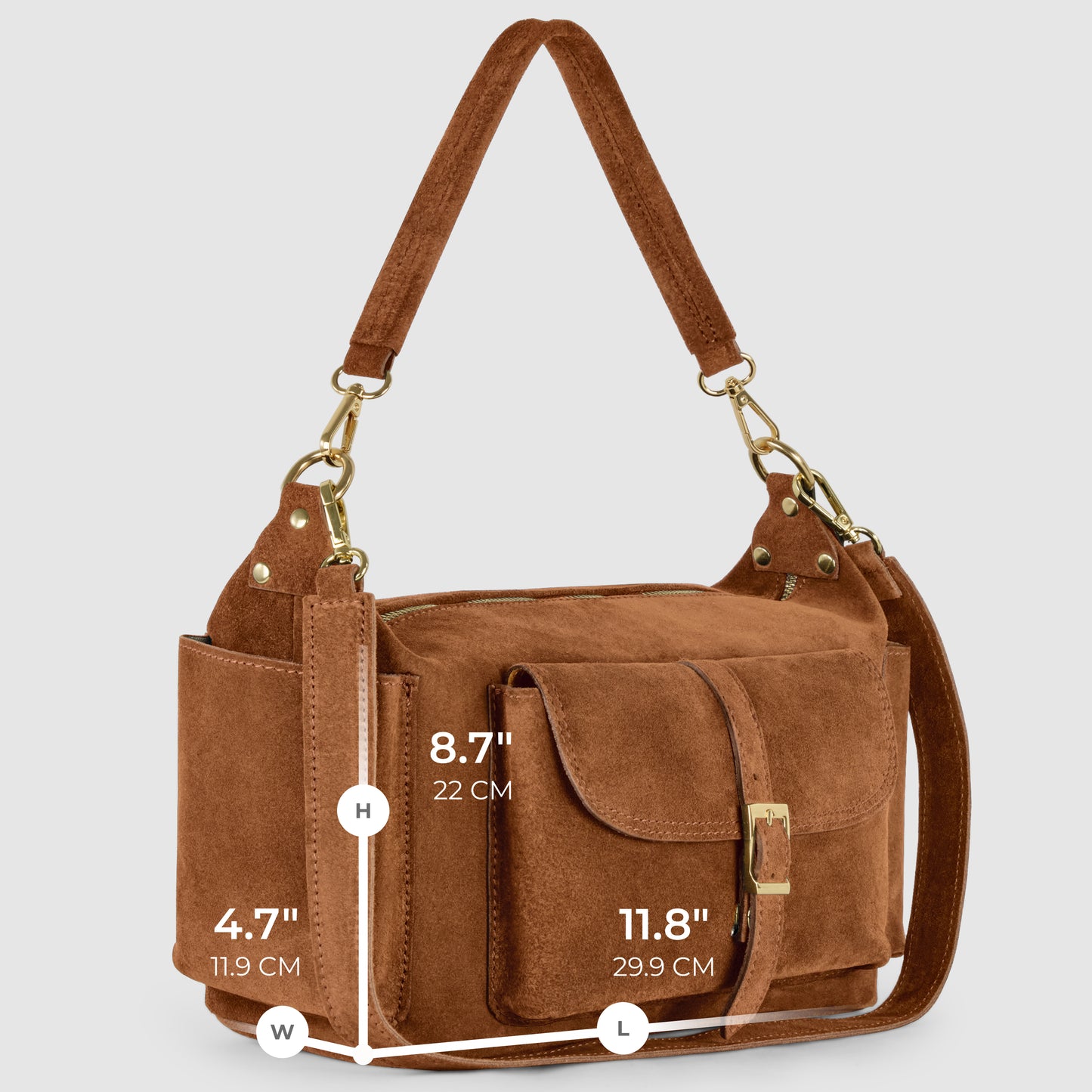 A handmade Italian handbag in brown genuine suede leather with gold hardware, top handle, front pocket with buckle, side pocket, and detachable shoulder strap. Dimensions: 8.7" high, 11.8" long, and 4.7" wide.