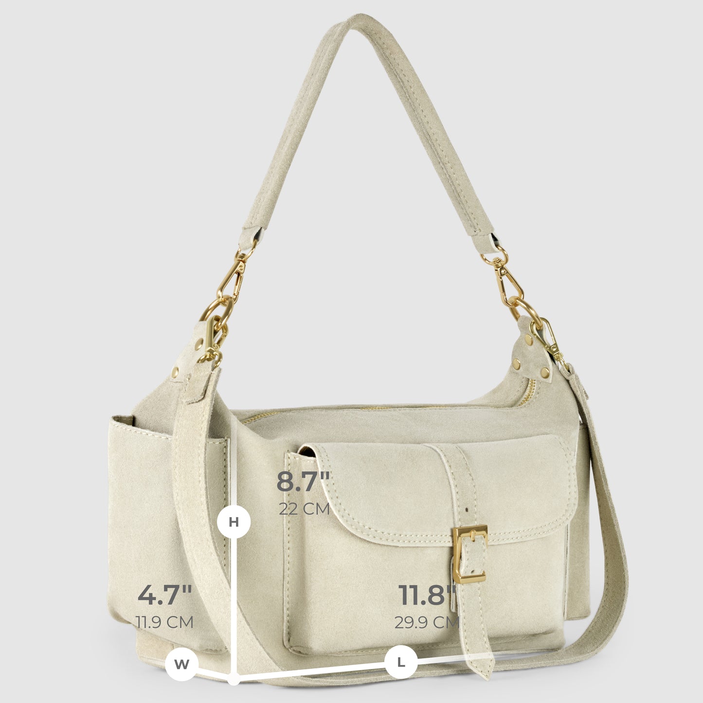 A light beige handmade Italian handbag crafted from genuine suede leather, featuring gold hardware, a top handle, and a detachable shoulder strap. Dimensions: height 8.7" (22 cm), width 4.7" (11.9 cm), length 11.8" (29.9 cm).